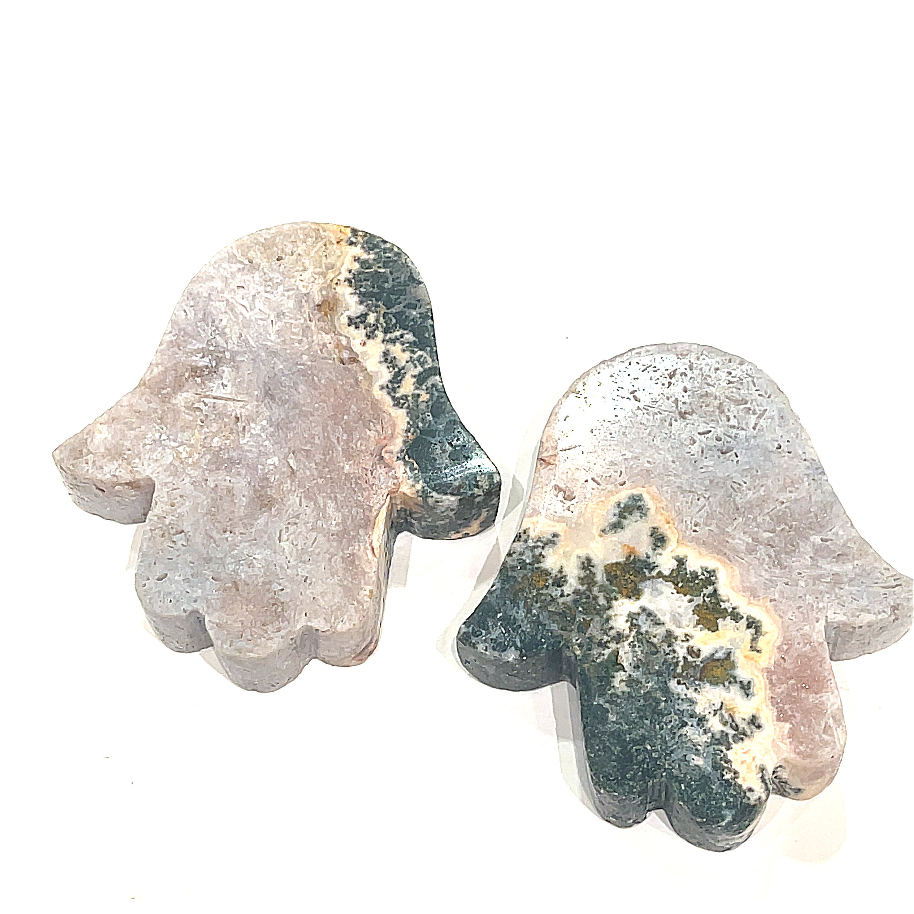 Group of two Pink Amethyst Humza stones displayed on a white background front overview.