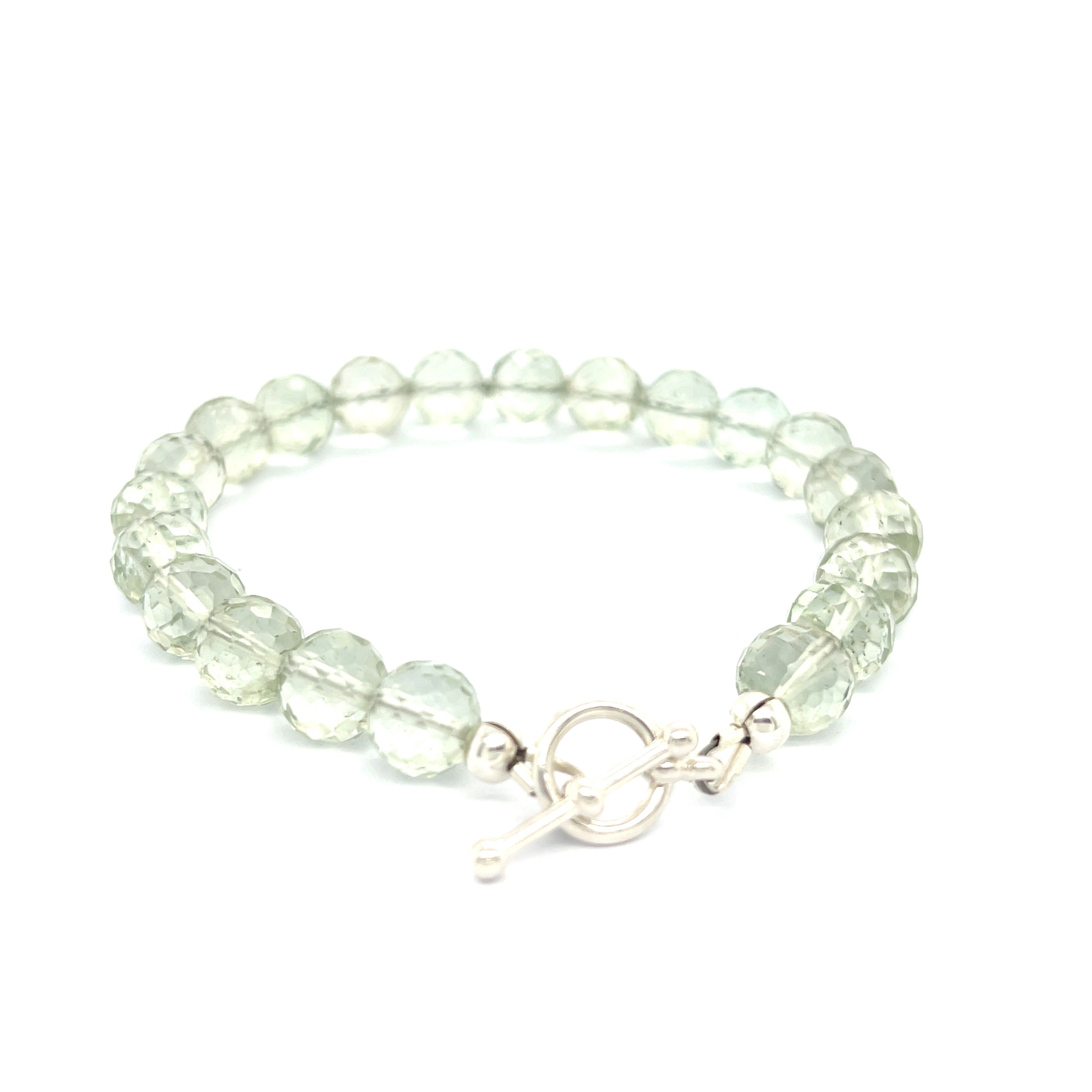 Handcrafted Prasiolite (Green Amethyst) gemstone bracelet with sterling silver toggle clasp by Hidden Jewel Boston on a white background back overview. 