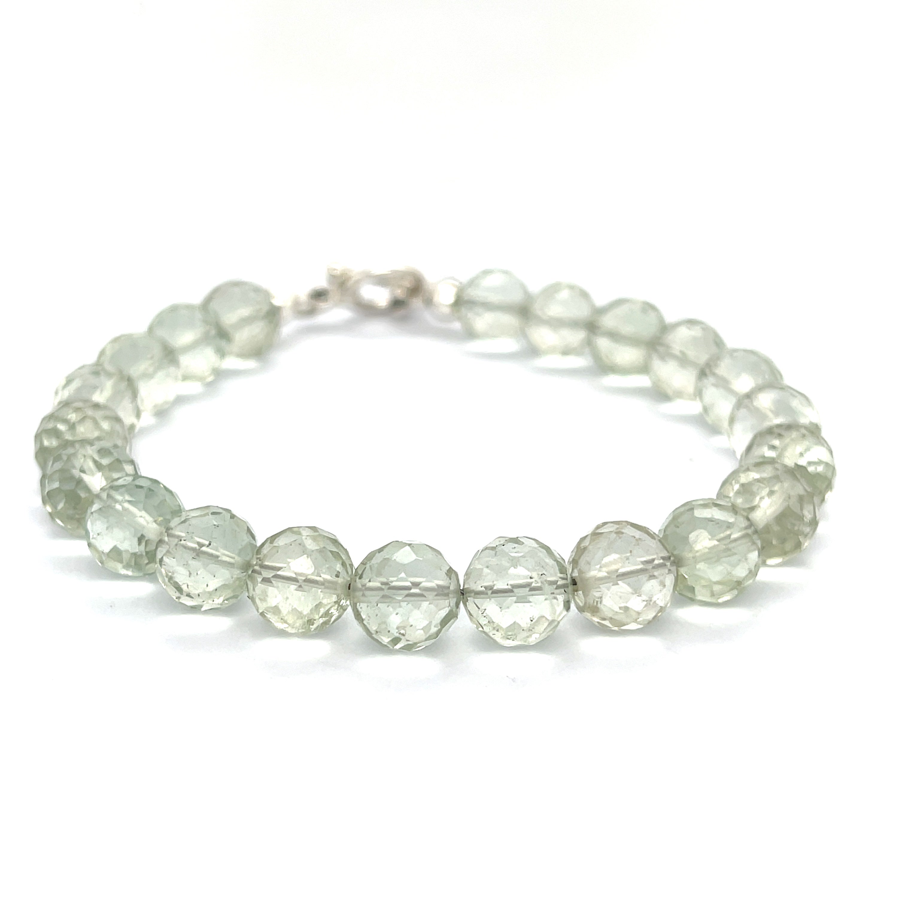 Handcrafted Prasiolite (Green Amethyst) gemstone bracelet with sterling silver toggle clasp by Hidden Jewel Boston on a white background center front overview. 