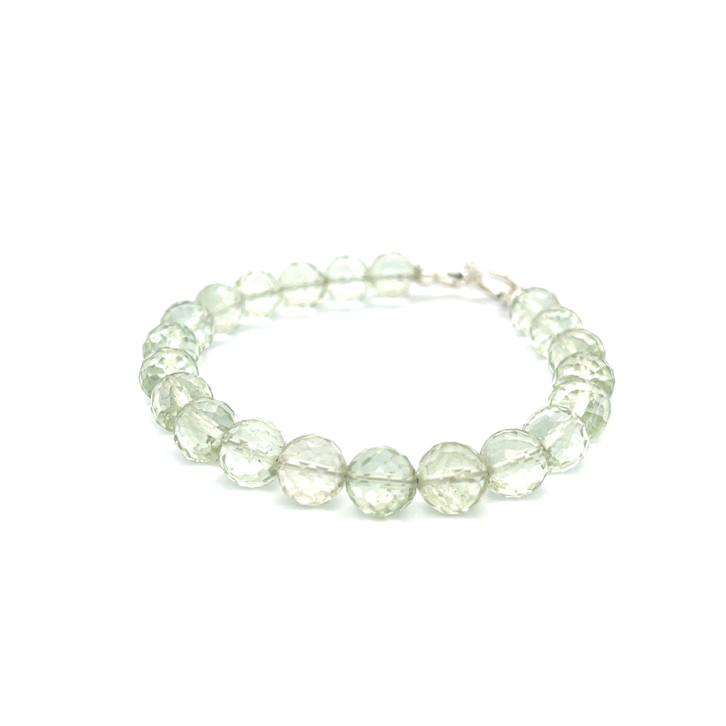 Handcrafted Prasiolite (Green Amethyst) gemstone bracelet with sterling silver toggle clasp by Hidden Jewel Boston on a white background front left angle overview. 