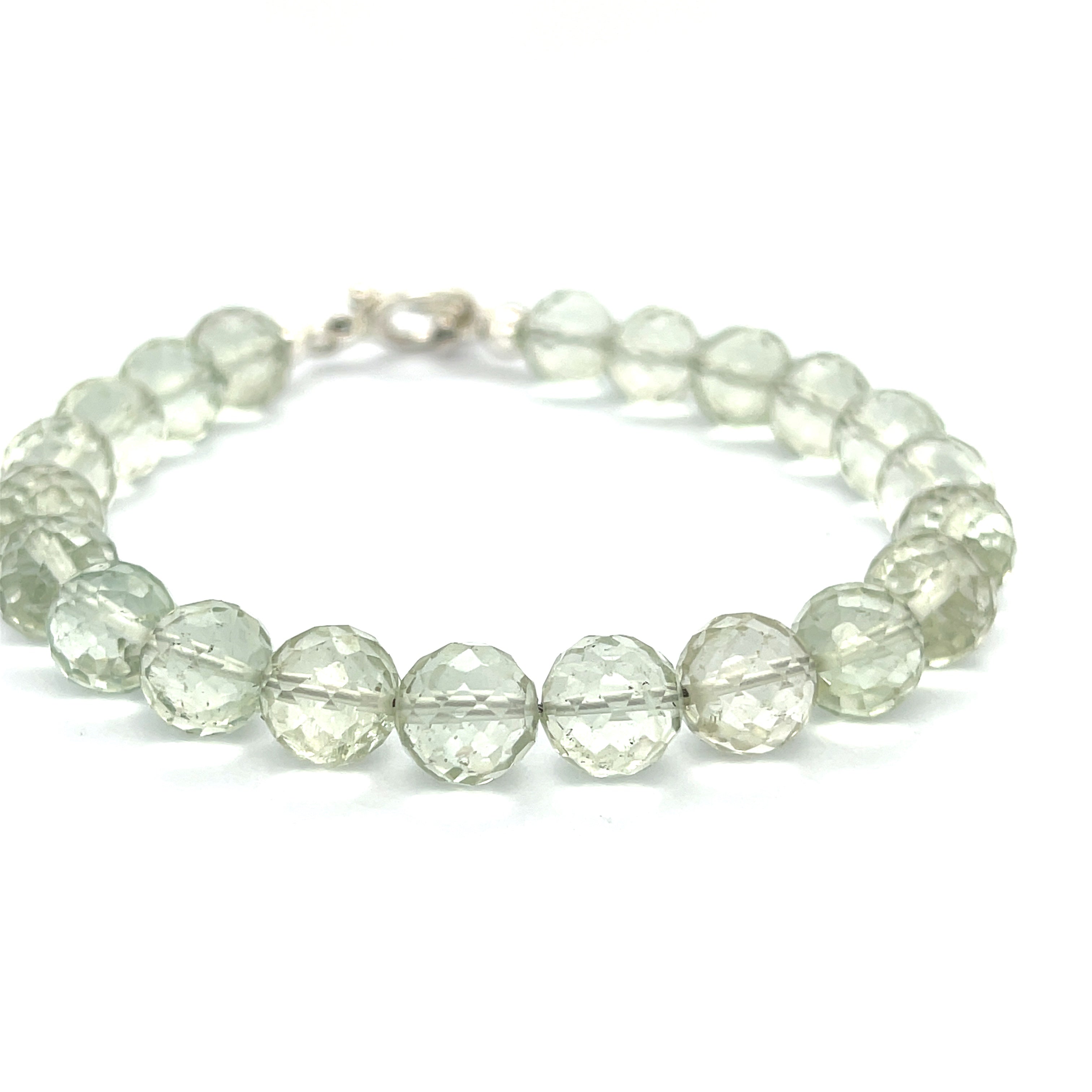 Handcrafted Prasiolite (Green Amethyst) gemstone bracelet with sterling silver toggle clasp by Hidden Jewel Boston on a white background front overview. 
