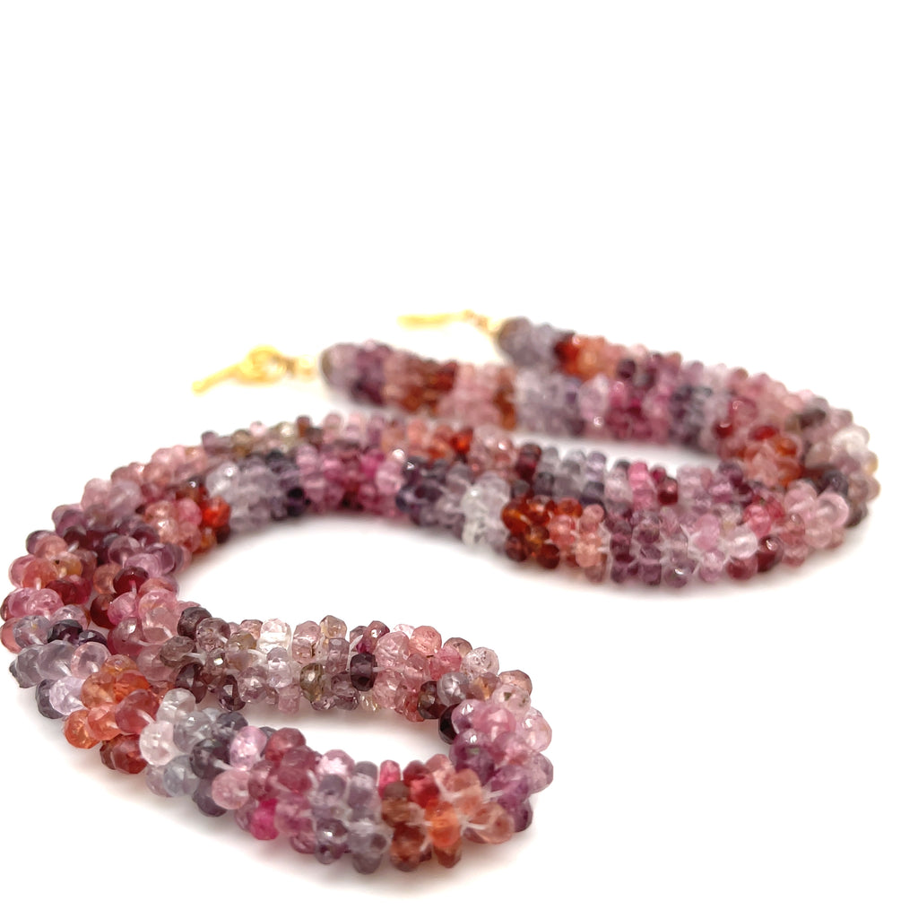Handcrafted Red Spinel gemstone necklace — passion and vitality crystal jewelry on white background front overview.