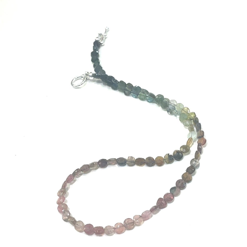 Handcrafted Watermelon Tourmaline gemstone necklace with sterling silver accents by Hidden Jewel on a white background center long overview. 