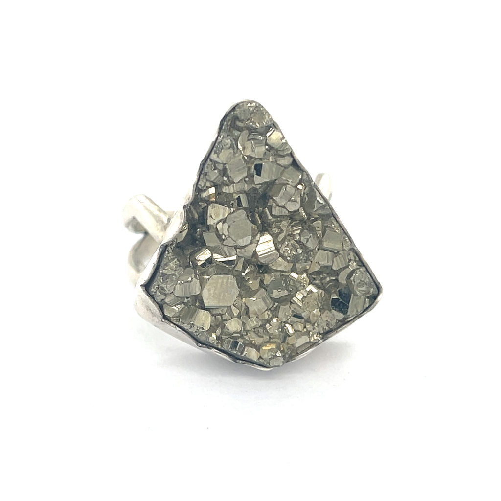 Handcrafted sterling silver Pyrite gemstone ring — Hidden Jewel Boston on a white background front  overview. 