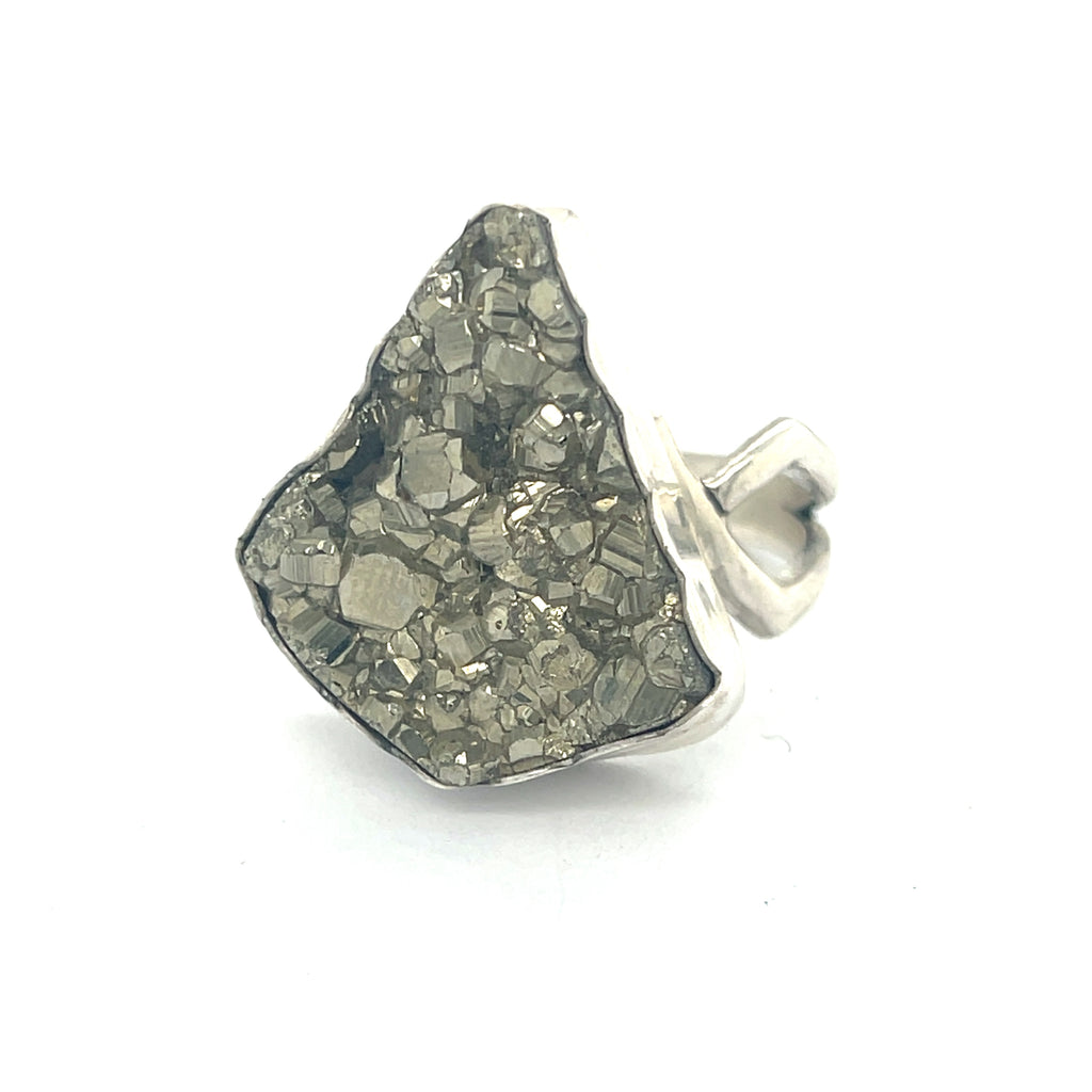 Handcrafted sterling silver Pyrite gemstone ring — Hidden Jewel Boston on a white background front slight left angle overview. 