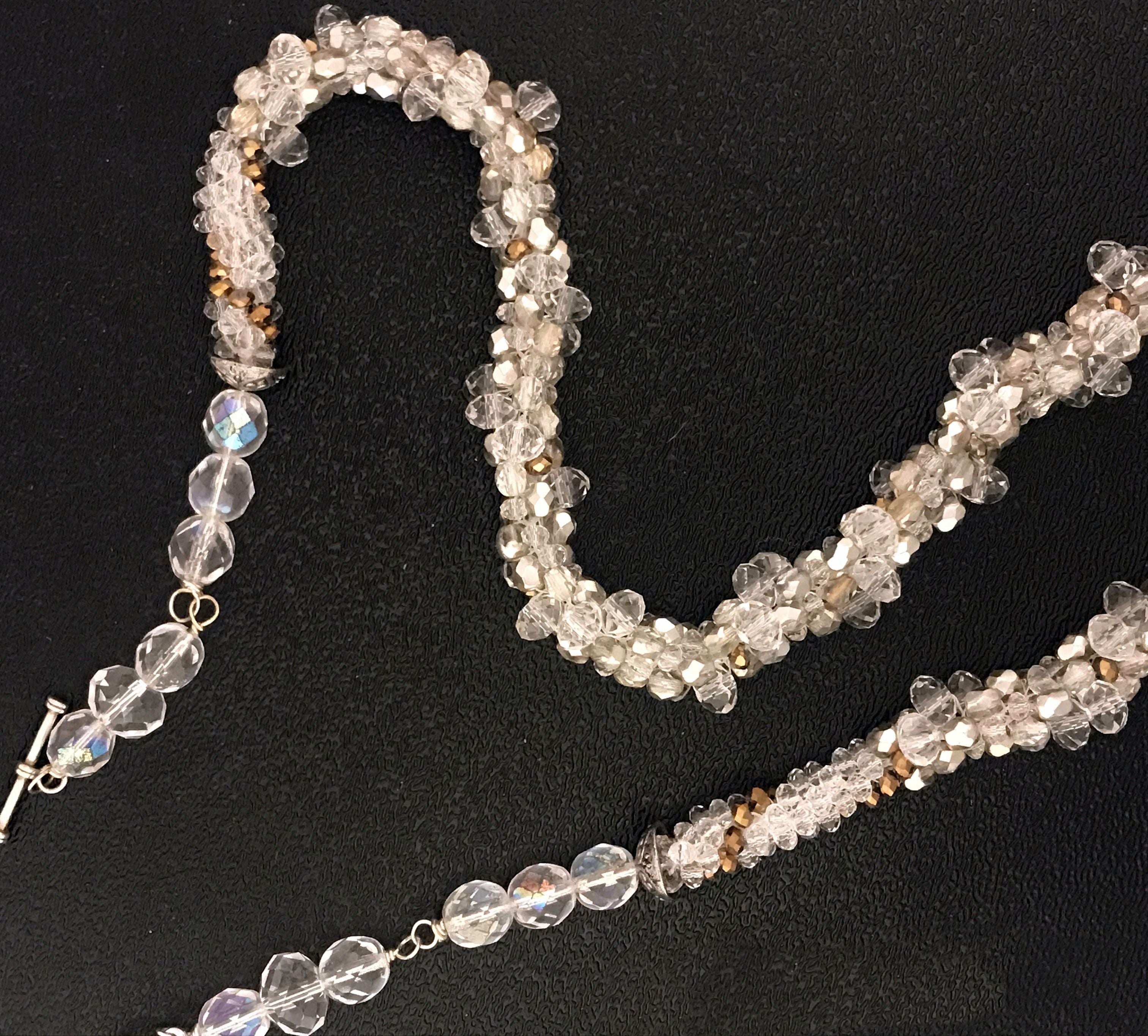 Gold Swirl Crocheted Crystal Necklace, silver crystal gold necklace