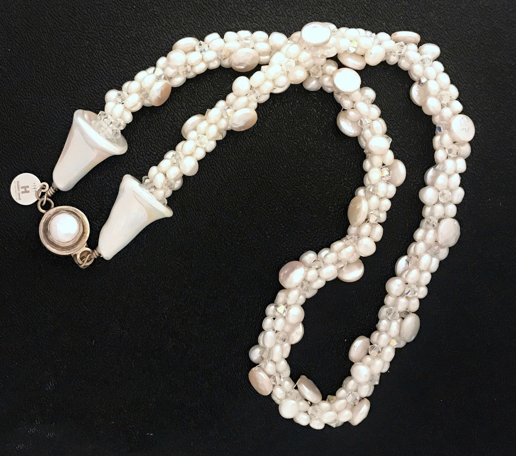 Freshwater White Pearl Crocheted Necklace with Lamp-work Glass