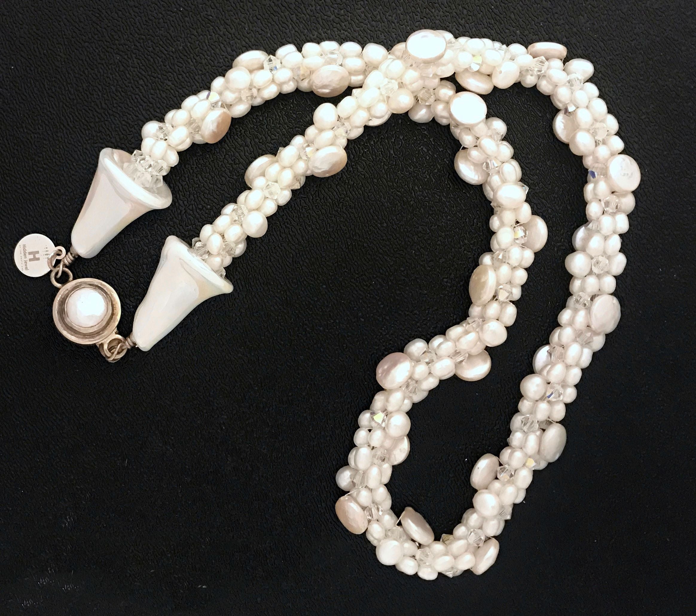 Freshwater White Pearl Crocheted Necklace with Lamp-work Glass