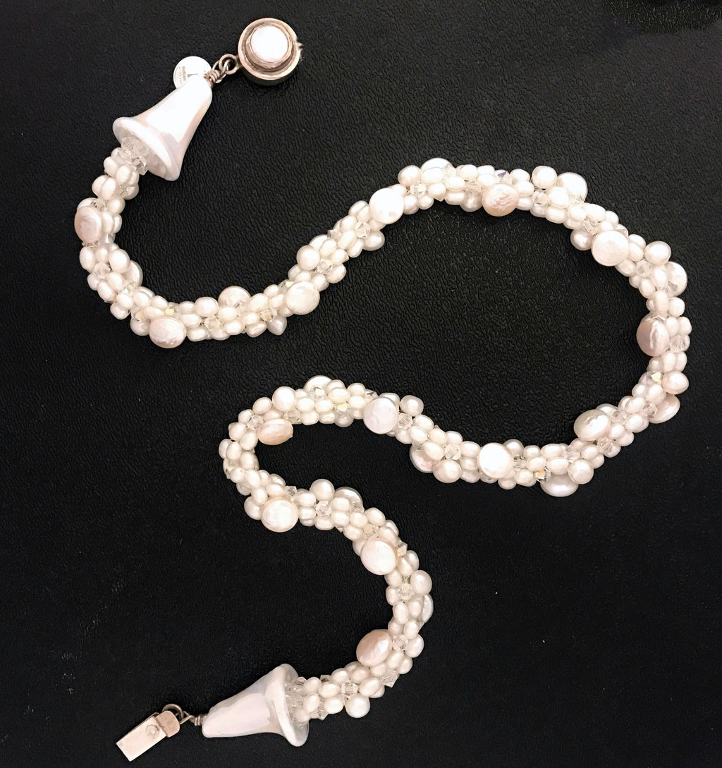 Freshwater White Pearl Crocheted Necklace with Lamp-work Glass