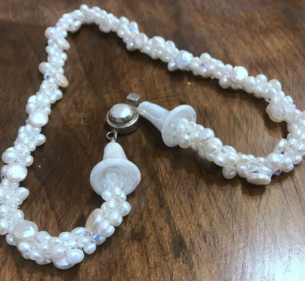 Freshwater White Pearl Crocheted Necklace with Lamp-work Glass