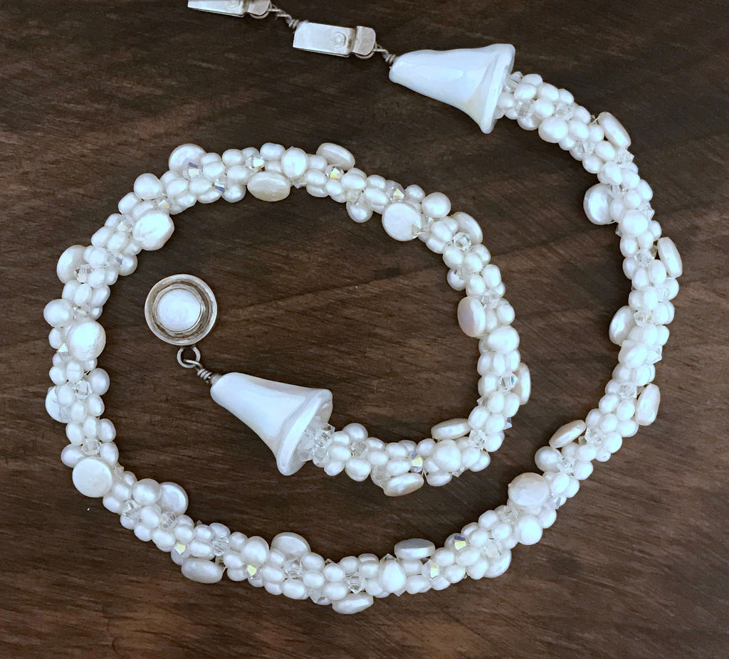 Freshwater White Pearl Crocheted Necklace with Lamp-work Glass