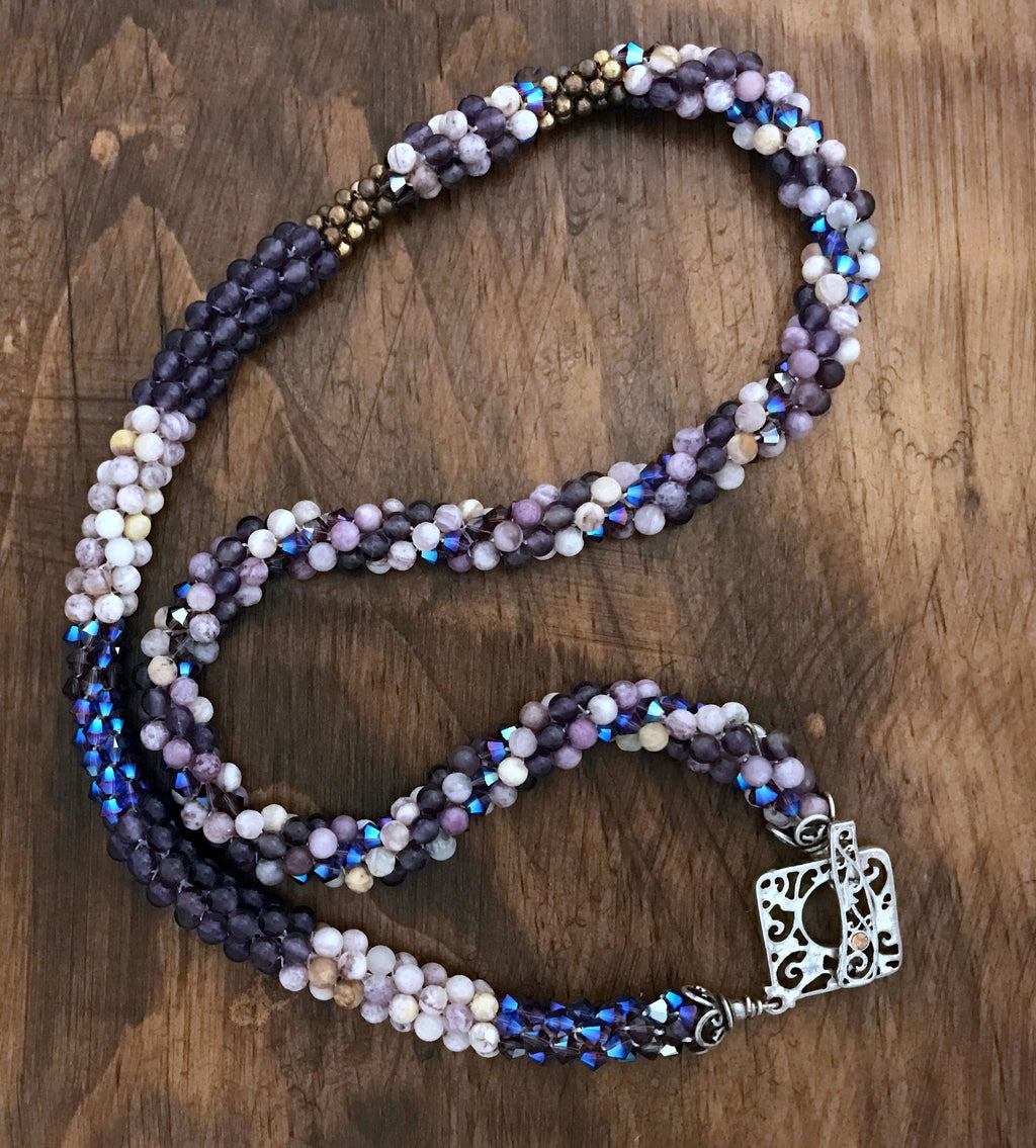 Jasper, Swarovski crystal and Amethyst necklace, February Birthstone