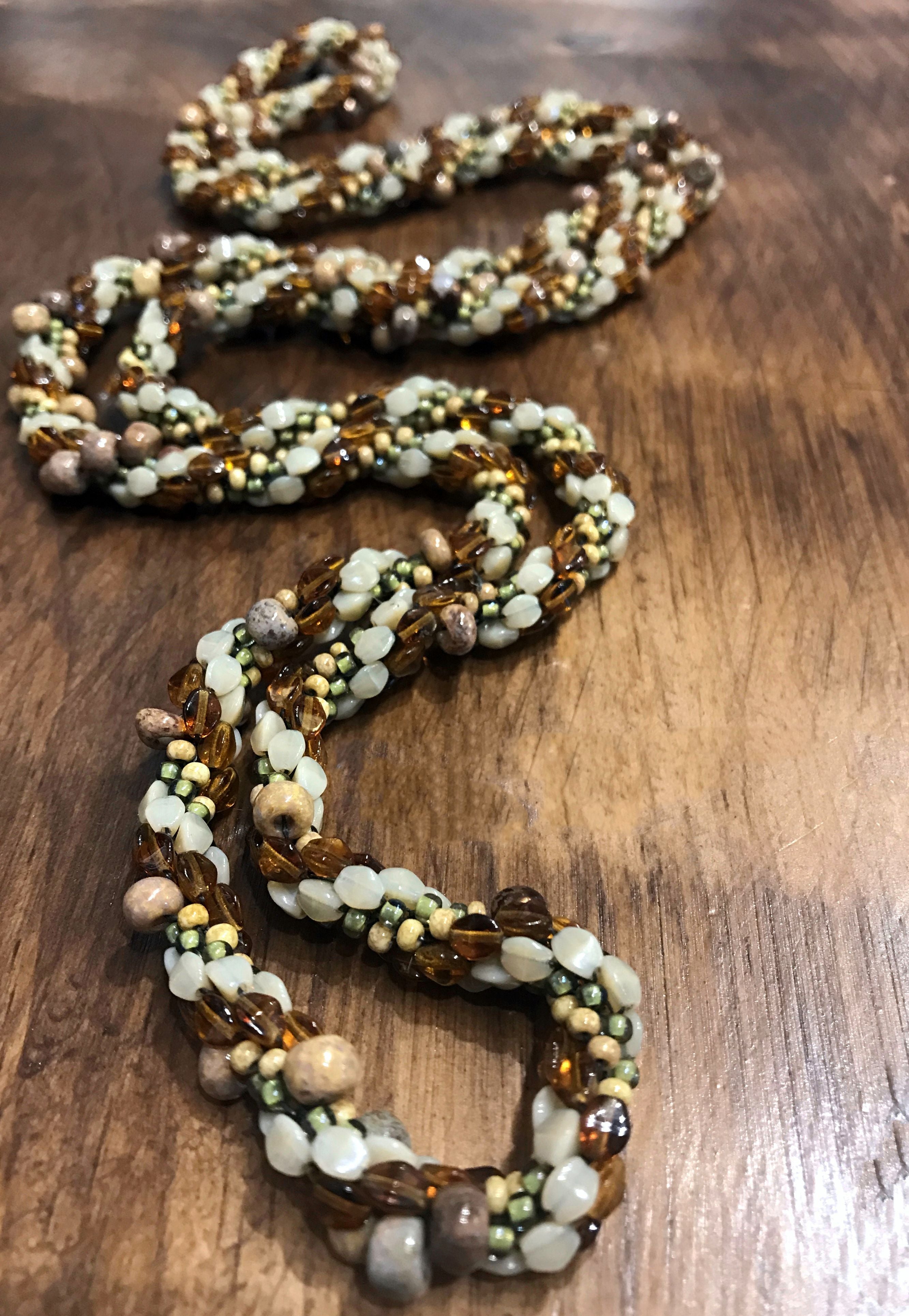 Continuous Loop Handmade Crocheted Necklace, Brown, Green