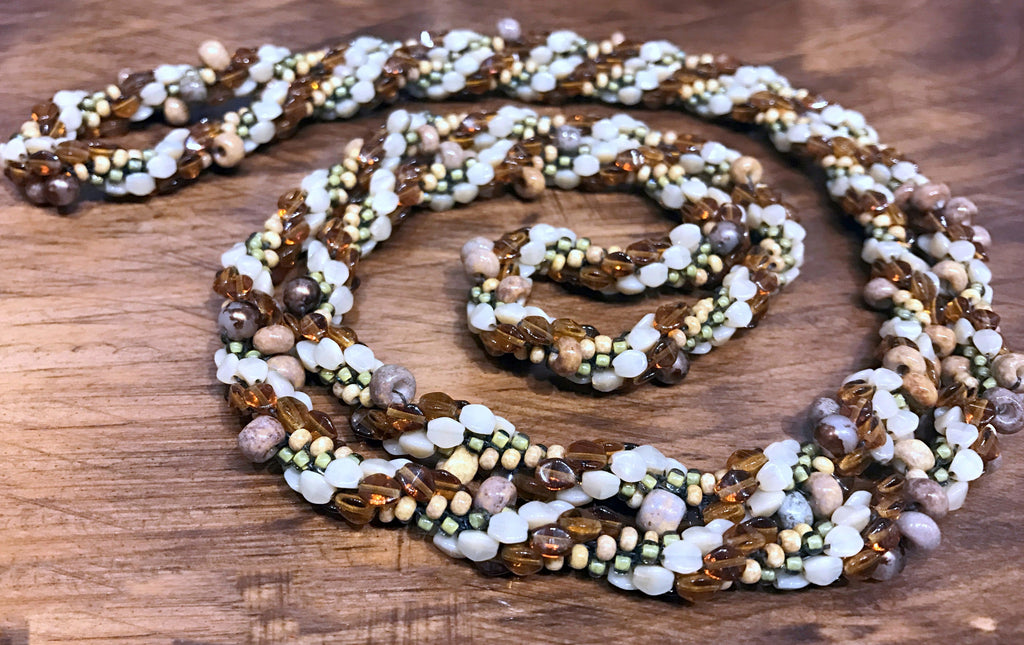 Continuous Loop Handmade Crocheted Necklace, Brown, Green