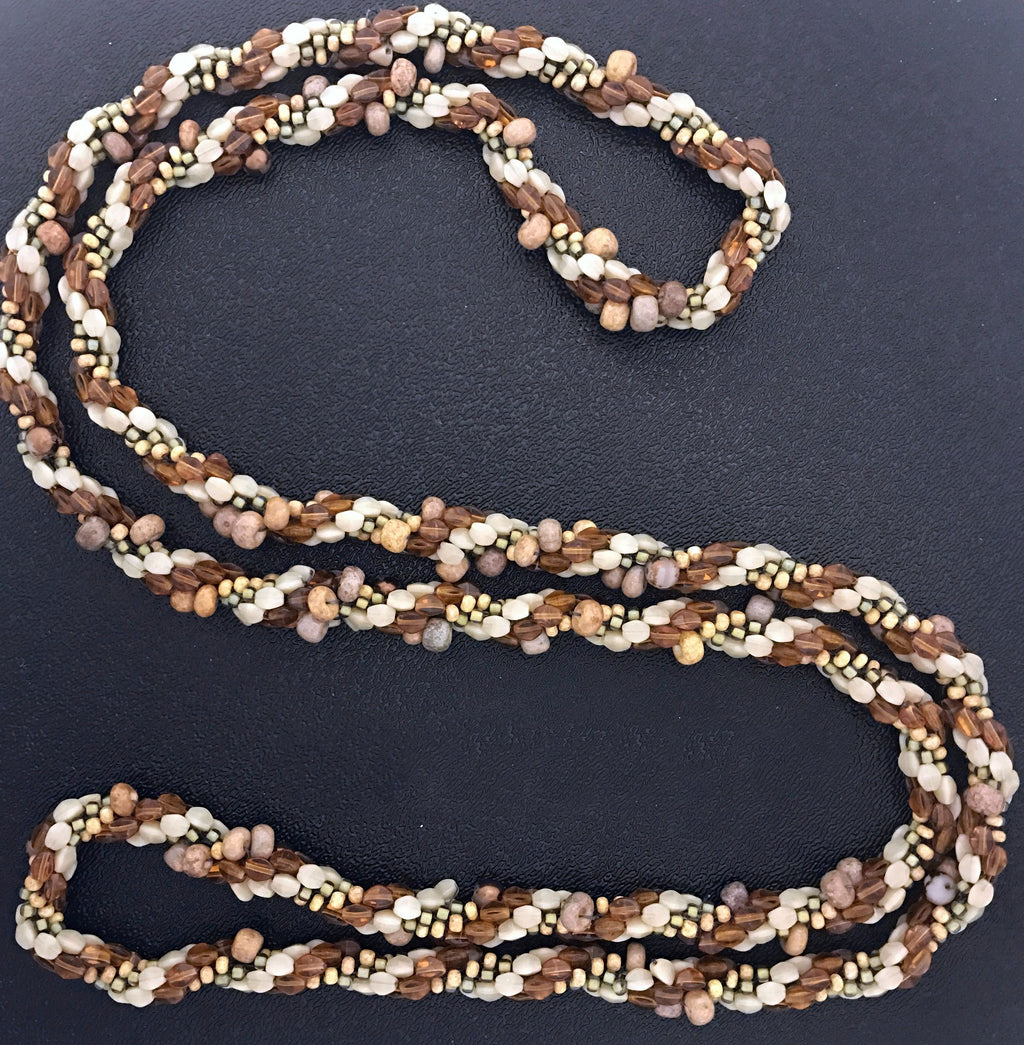 Continuous Loop Handmade Crocheted Necklace, Brown, Green