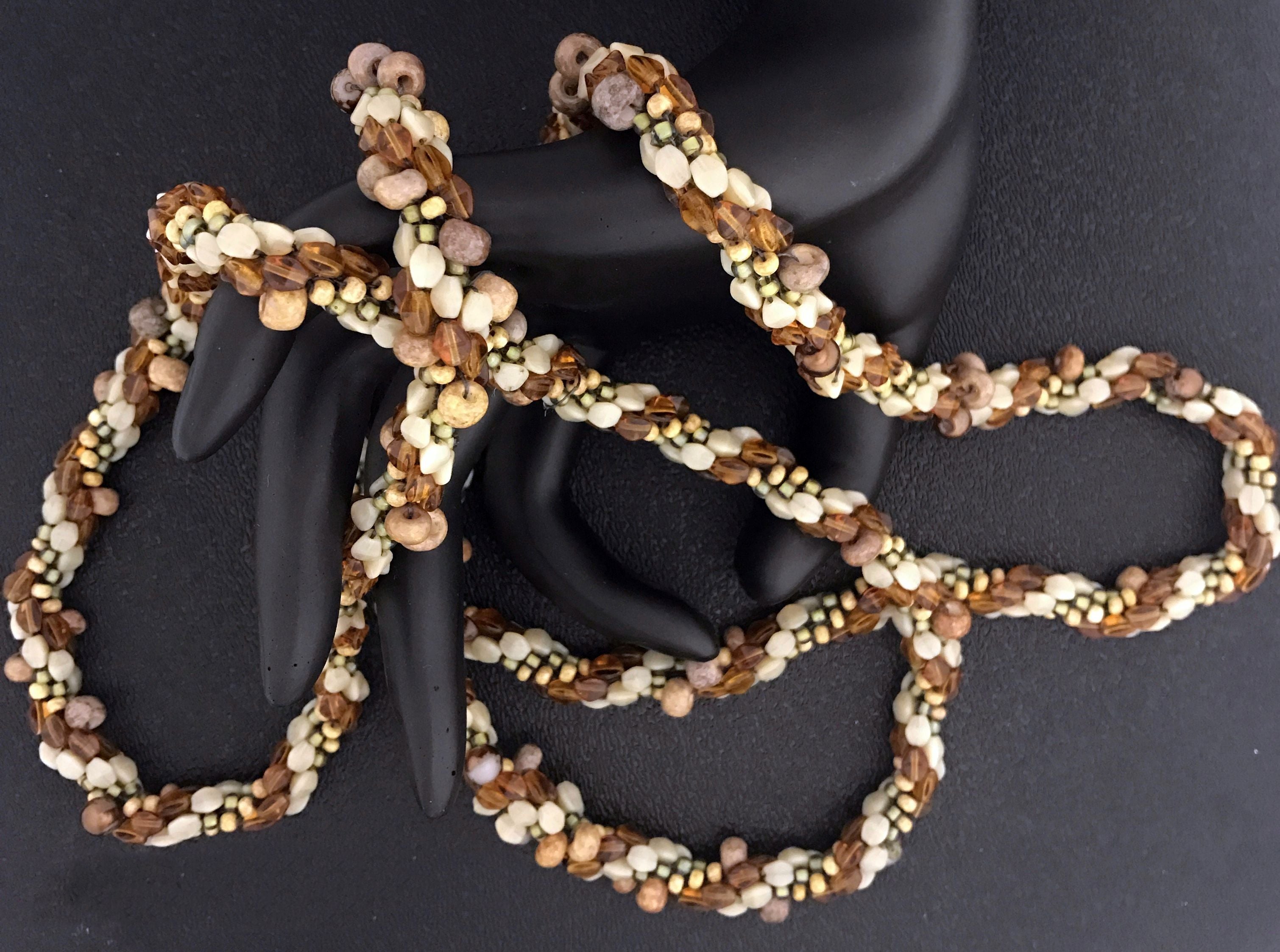 Continuous Loop Handmade Crocheted Necklace, Brown, Green
