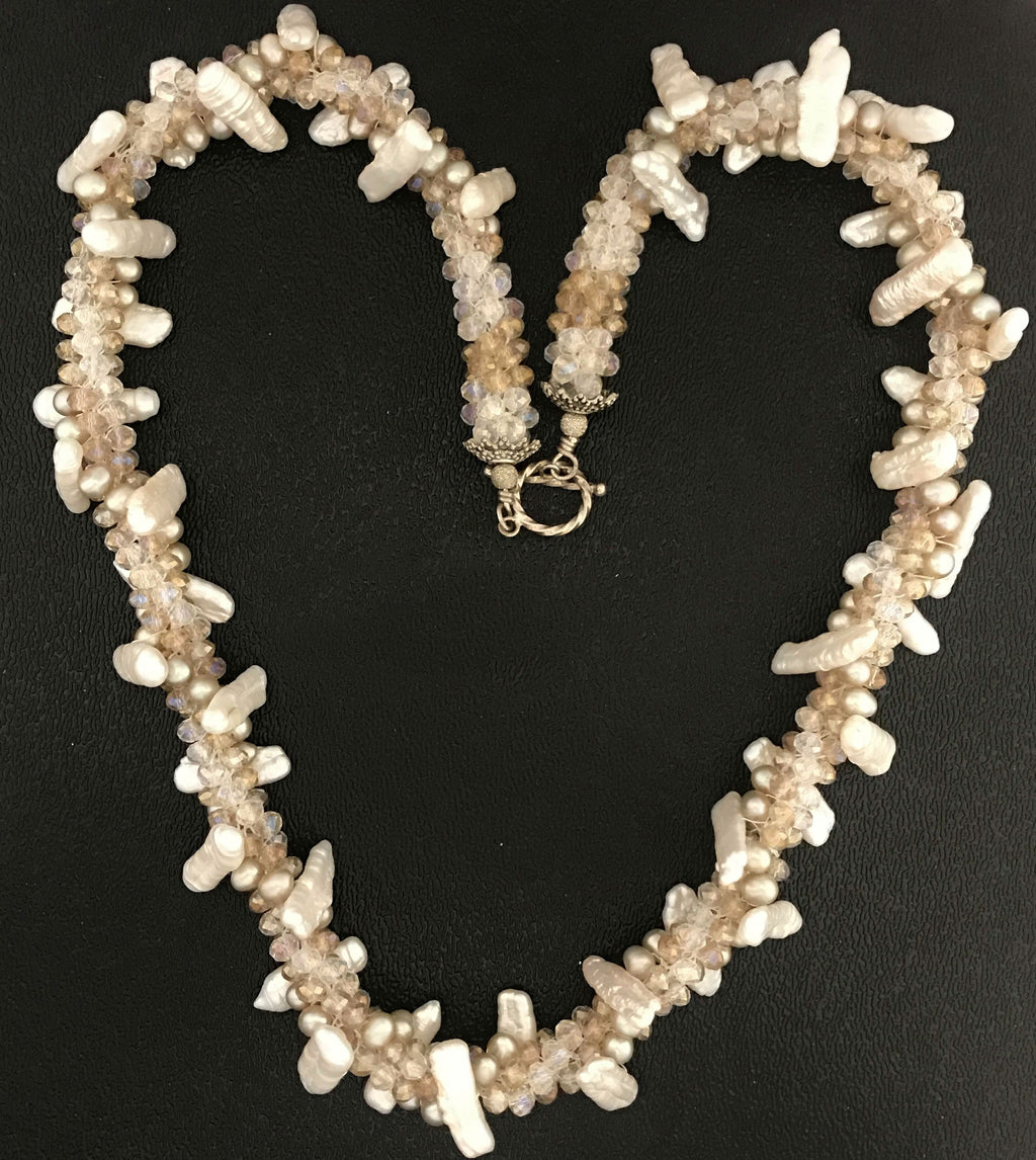 White stick pearl & crystal crocheted necklace, jewelry