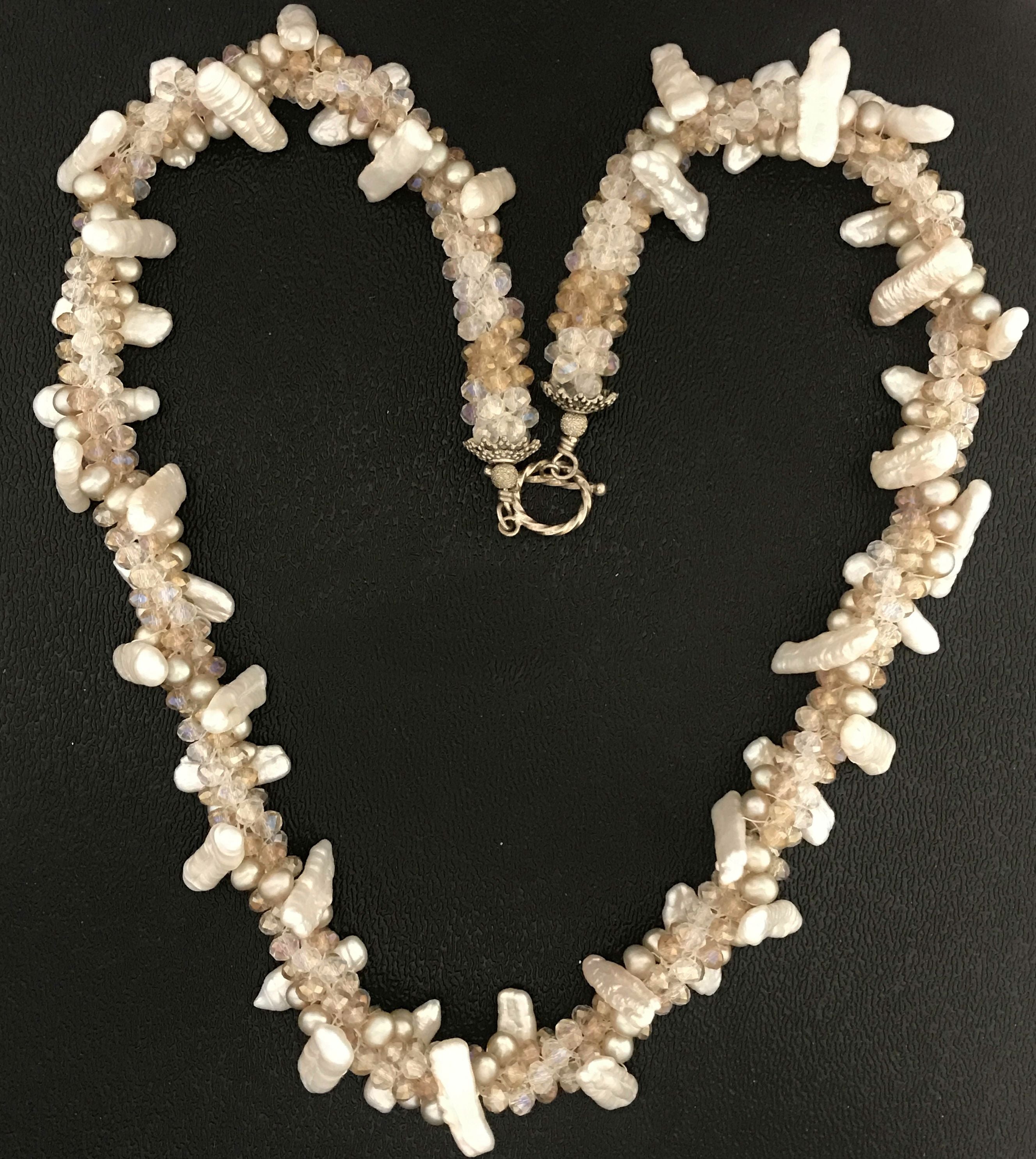 White stick pearl & crystal crocheted necklace, jewelry