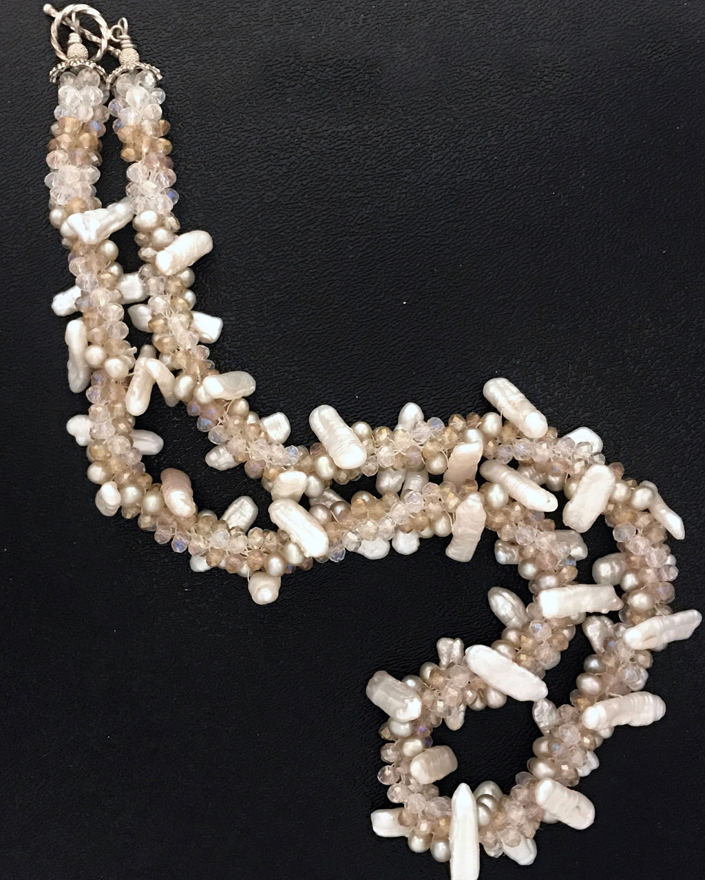 White stick pearl & crystal crocheted necklace, jewelry