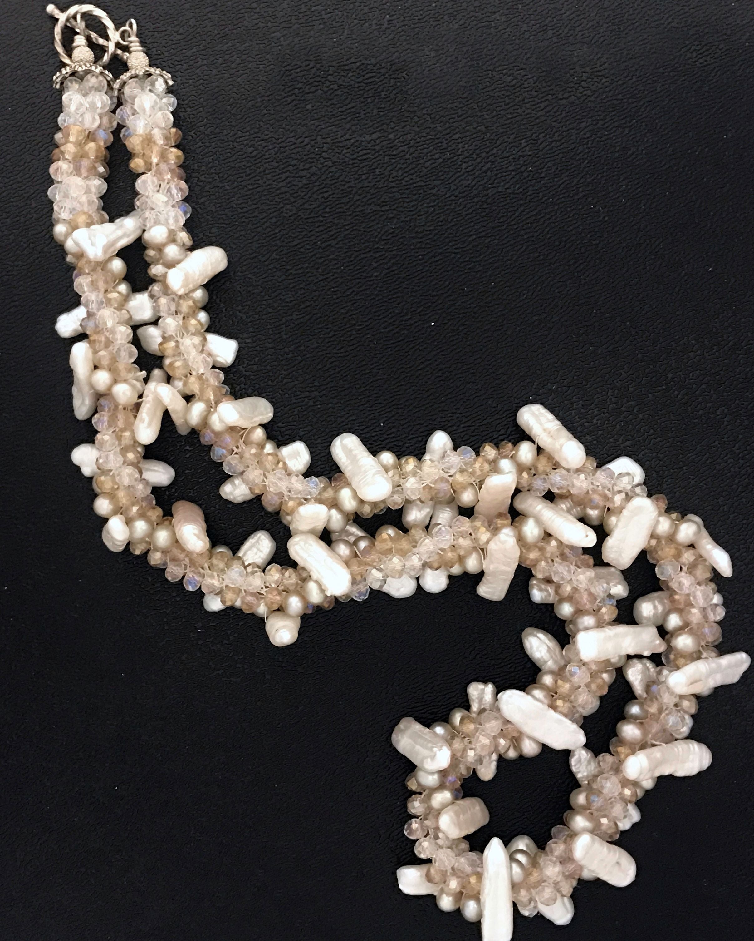 White stick pearl & crystal crocheted necklace, jewelry