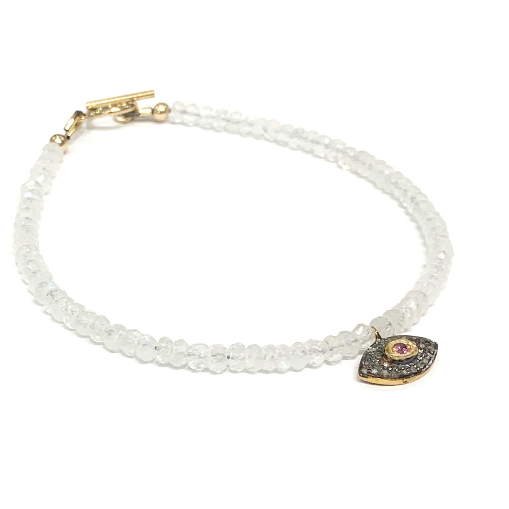 Rainbow Moonstone with a gold filled paved diamond evil eye charm beaded bracelet