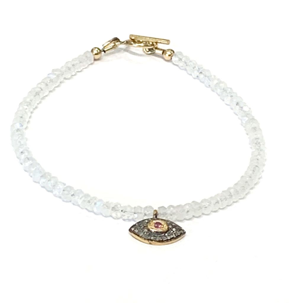 Rainbow Moonstone with a gold filled paved diamond evil eye charm beaded bracelet