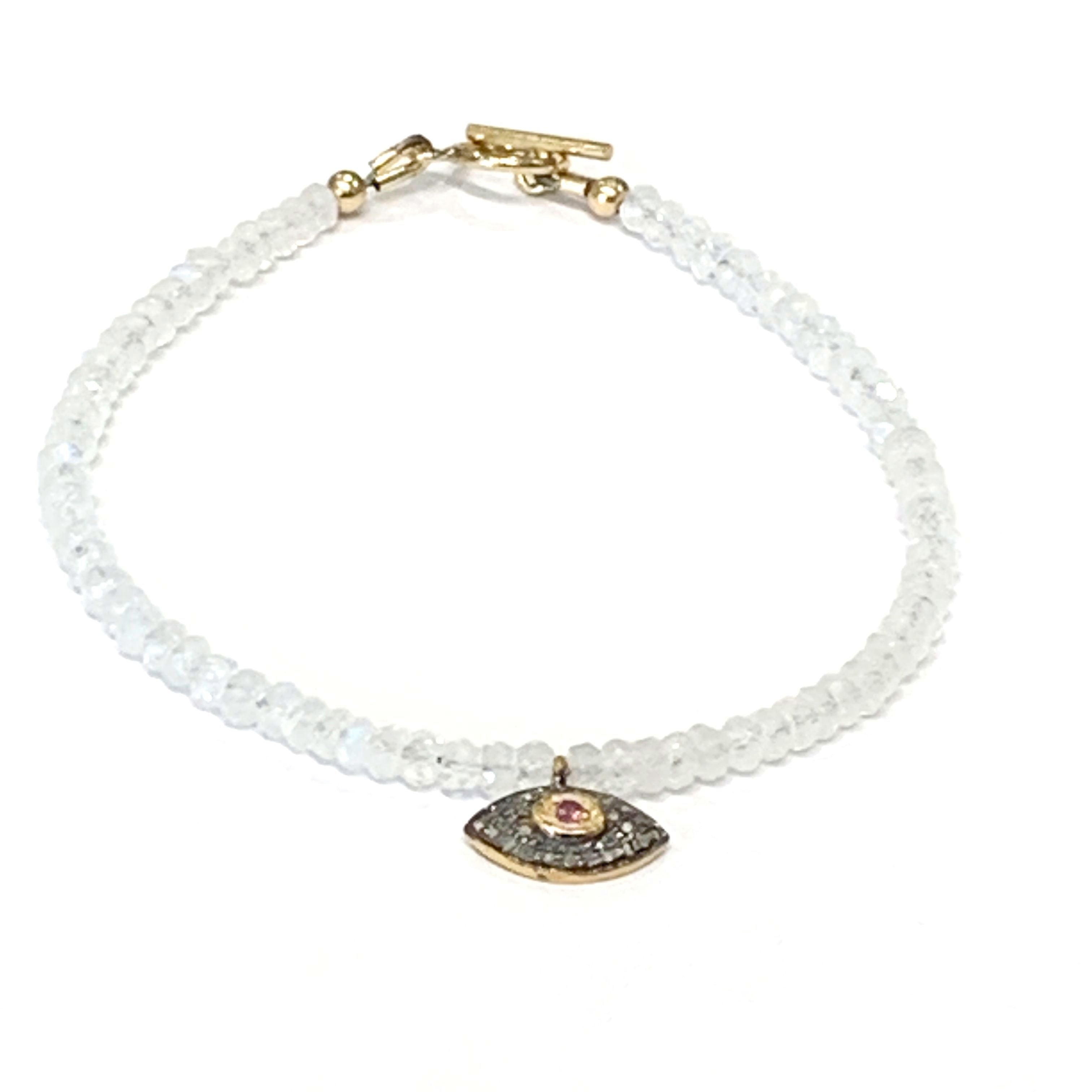 Rainbow Moonstone with a gold filled paved diamond evil eye charm beaded bracelet