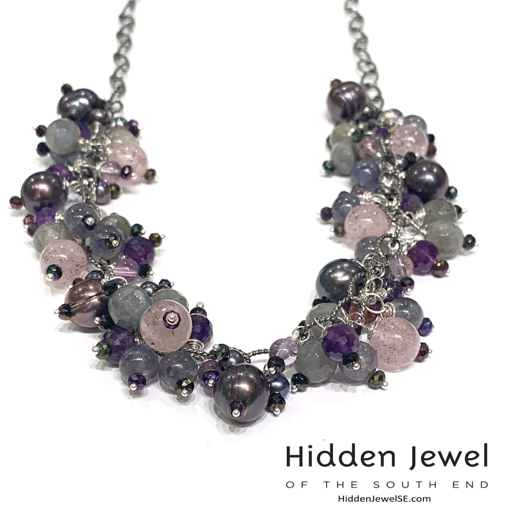 Semi Precious Gemstone Chain Necklace, Sterling Silver Oxidized chain necklace