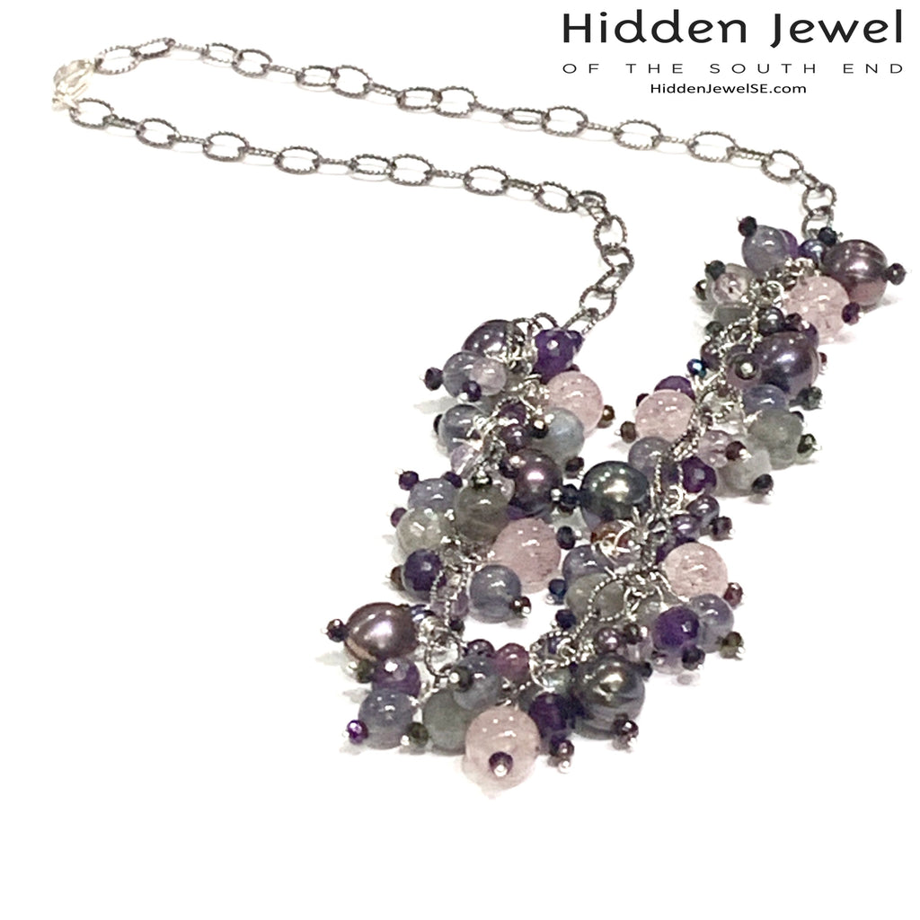 Semi Precious Gemstone Chain Necklace, Sterling Silver Oxidized chain necklace