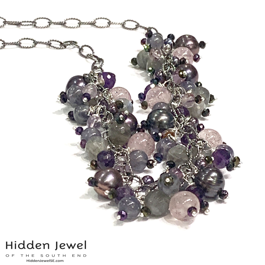 Semi Precious Gemstone Chain Necklace, Sterling Silver Oxidized chain necklace