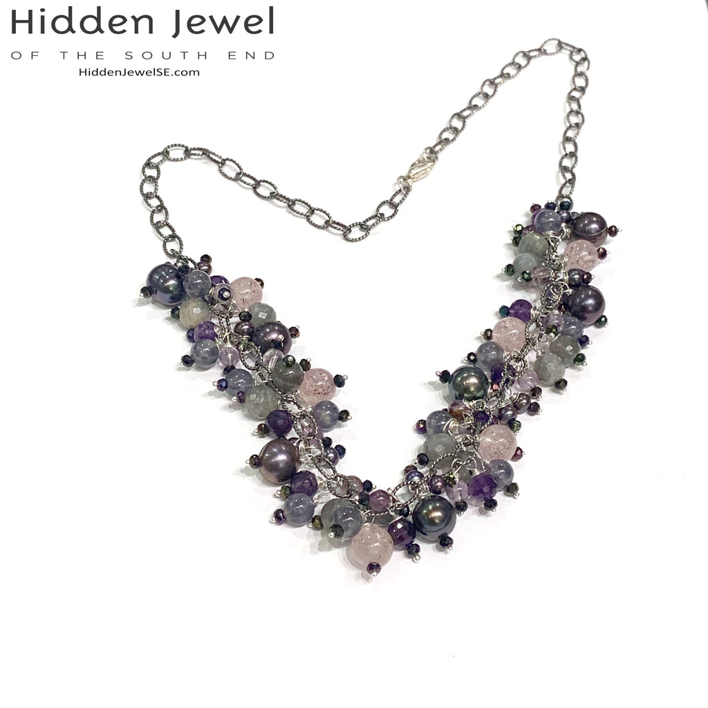 Semi Precious Gemstone Chain Necklace, Sterling Silver Oxidized chain necklace
