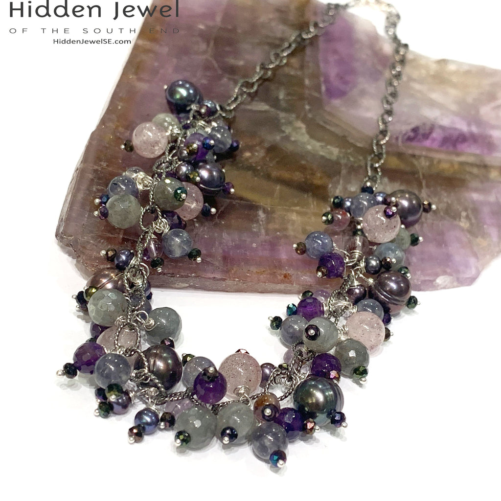 Semi Precious Gemstone Chain Necklace, Sterling Silver Oxidized chain necklace