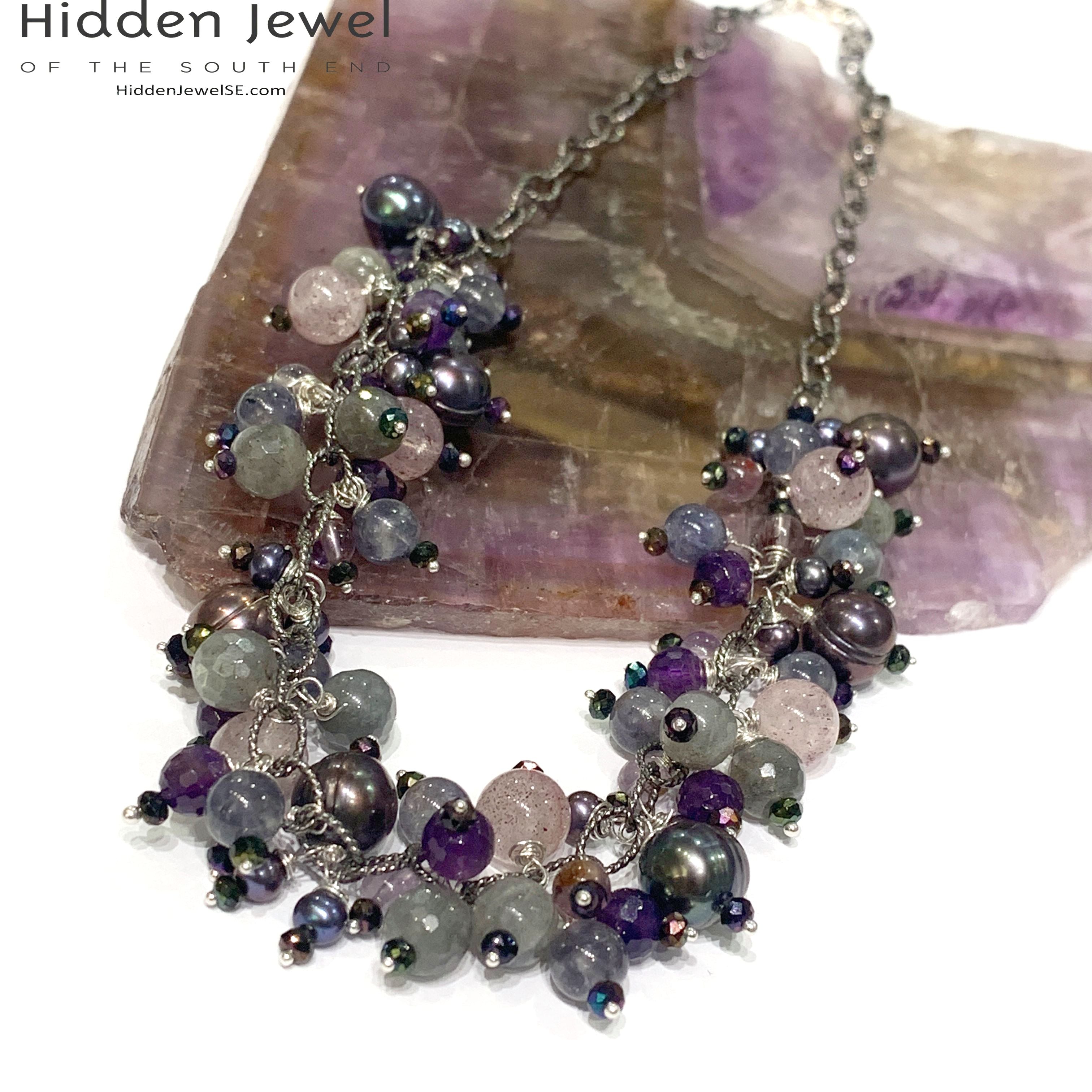 Semi Precious Gemstone Chain Necklace, Sterling Silver Oxidized chain necklace