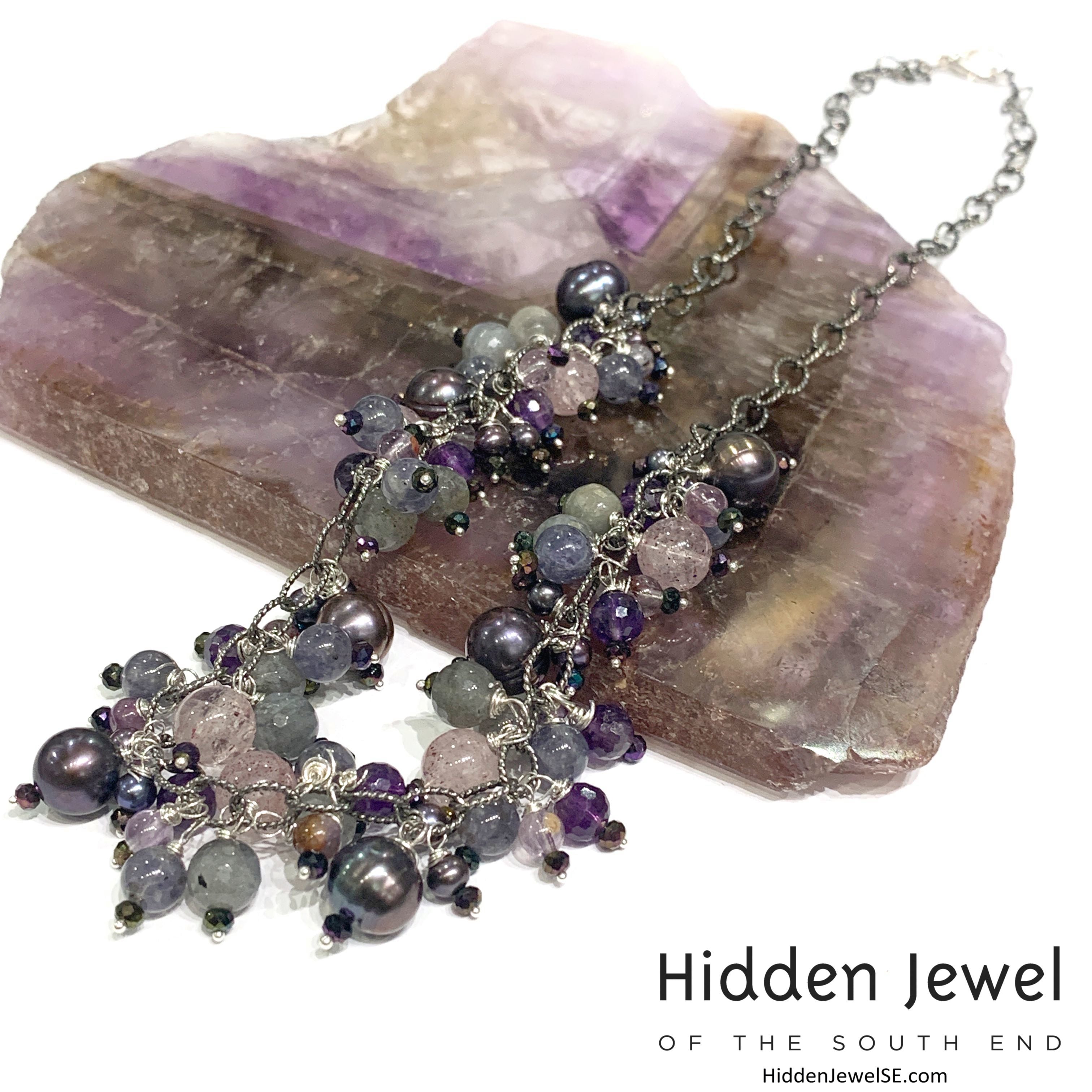 Semi Precious Gemstone Chain Necklace, Sterling Silver Oxidized chain necklace