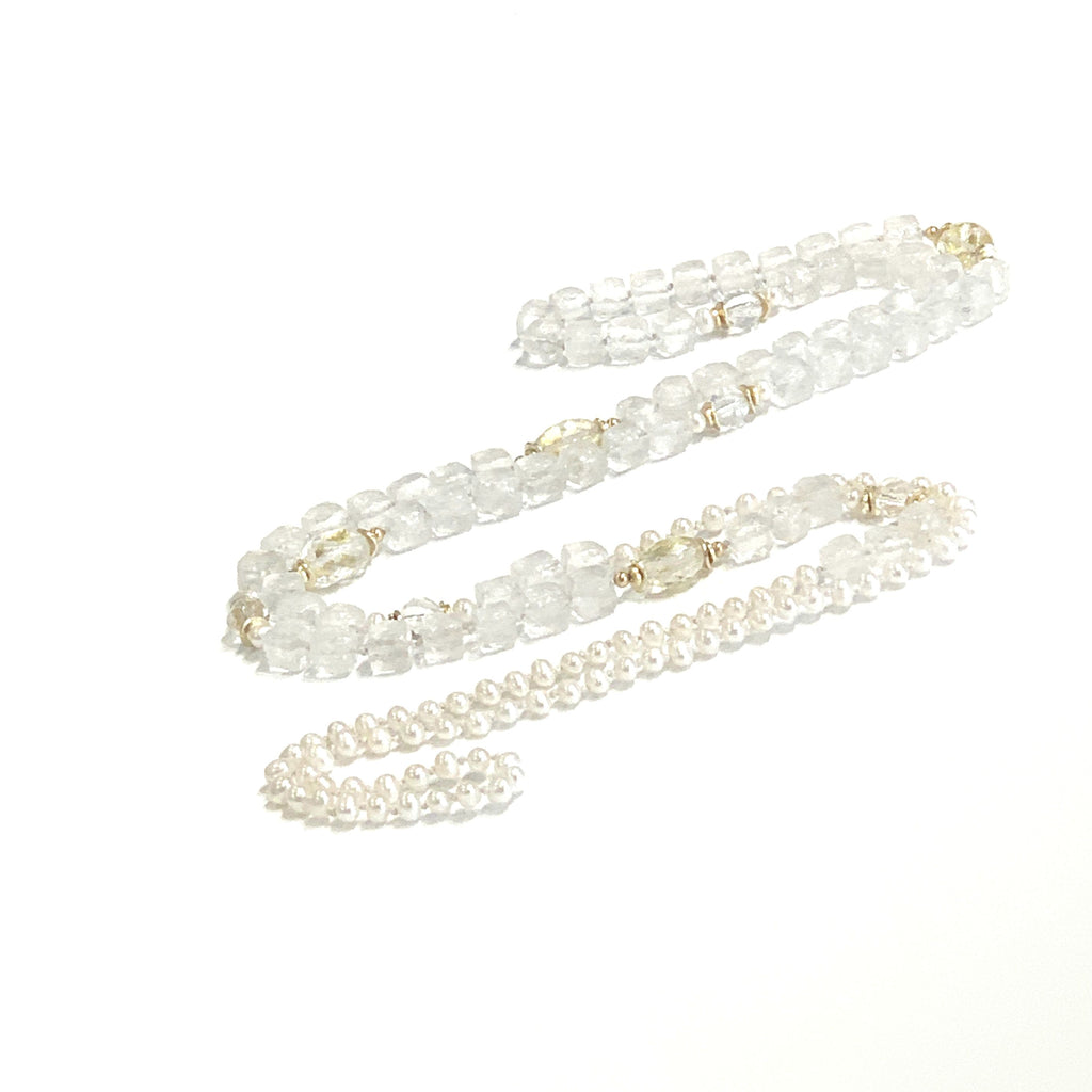 Fresh Water Pearls, Rock Crystal Quartz with 24k Gold Leaf knotted Necklace