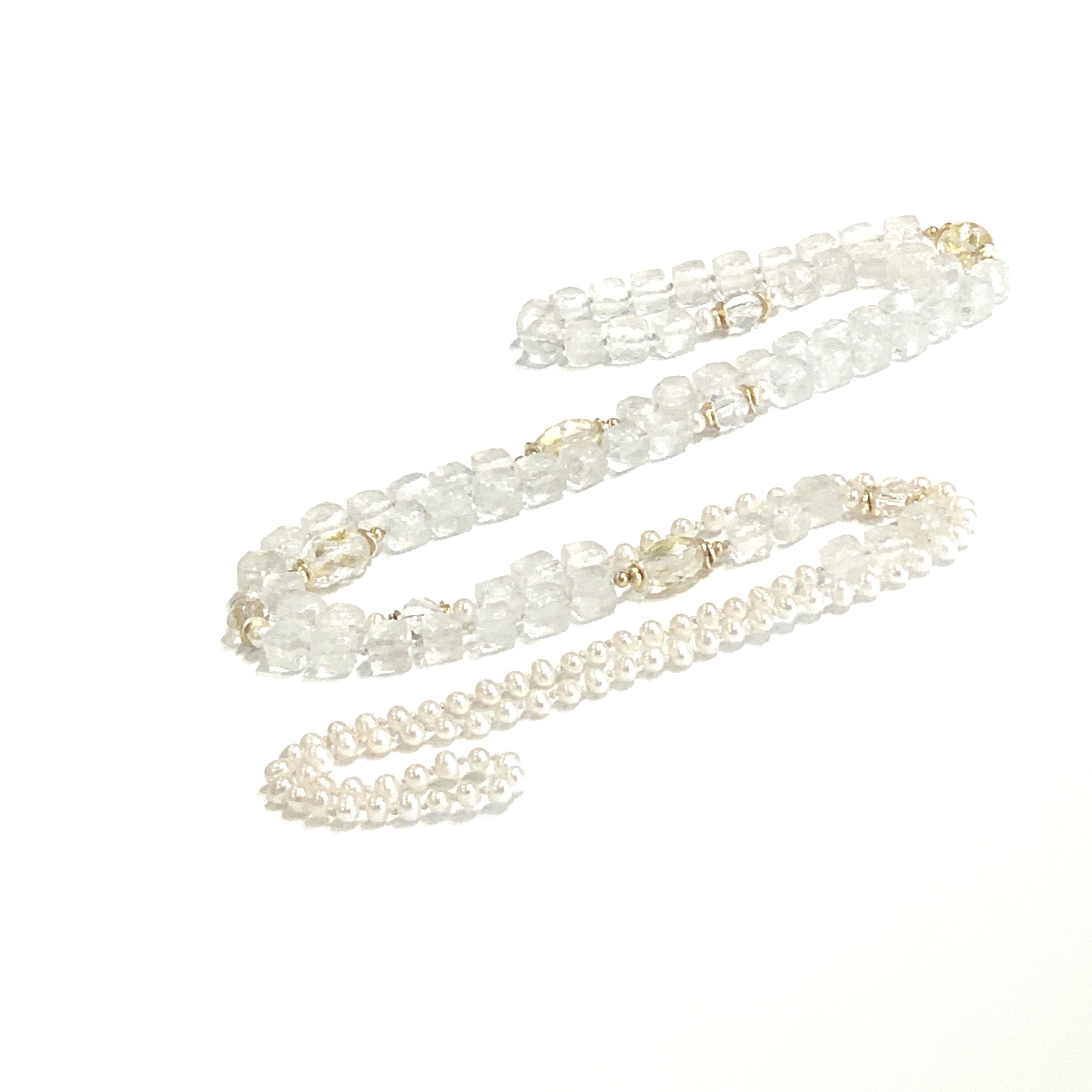 Fresh Water Pearls, Rock Crystal Quartz with 24k Gold Leaf knotted Necklace