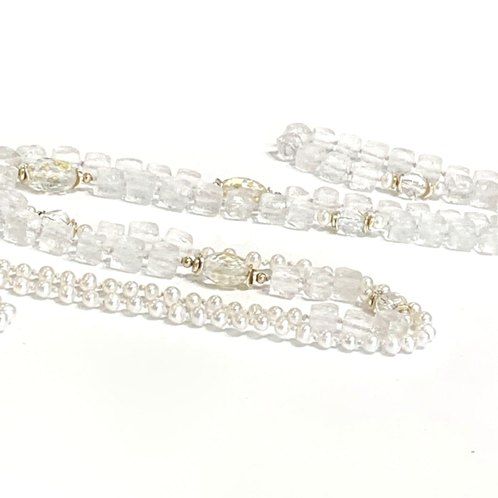 Fresh Water Pearls, Rock Crystal Quartz with 24k Gold Leaf knotted Necklace