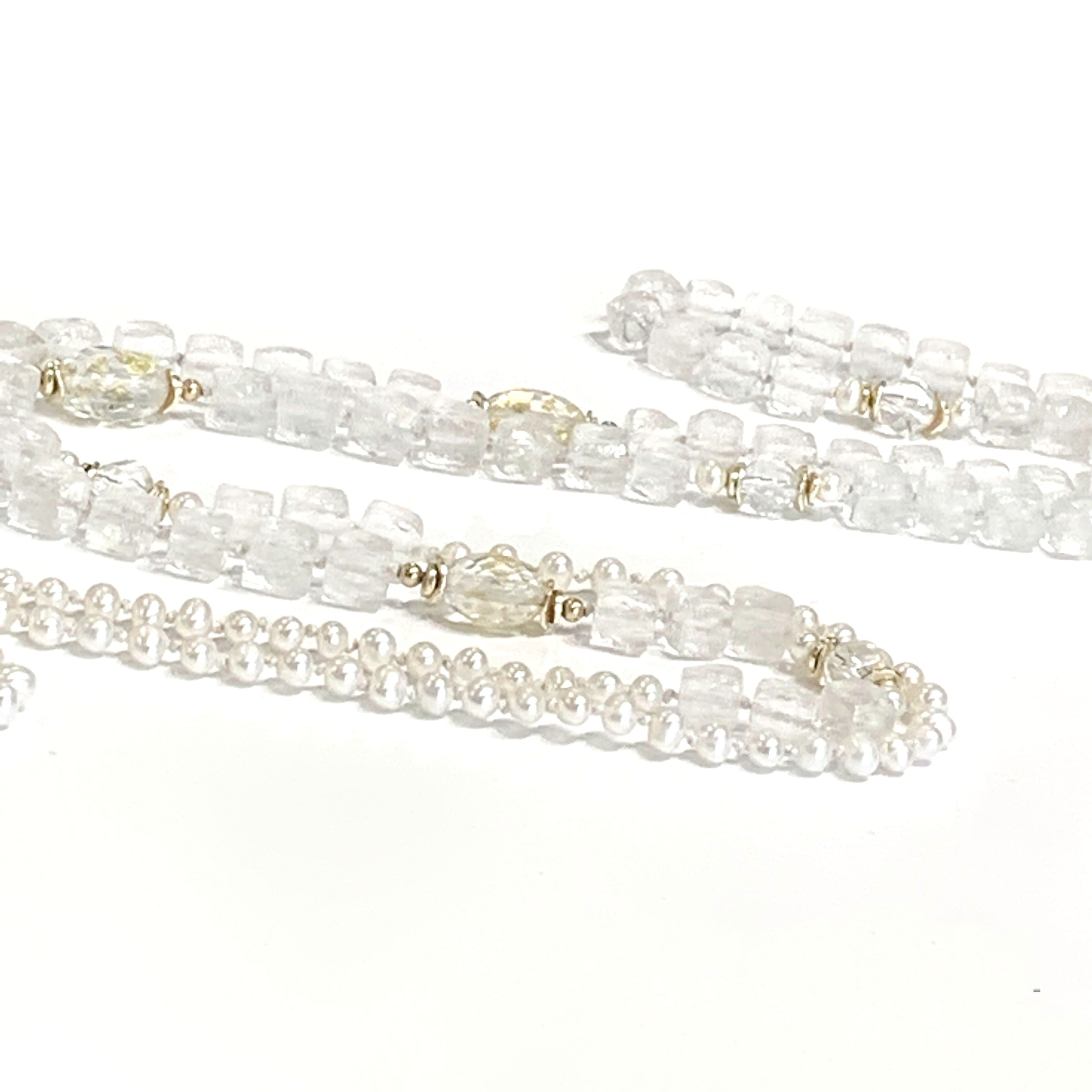 Fresh Water Pearls, Rock Crystal Quartz with 24k Gold Leaf knotted Necklace