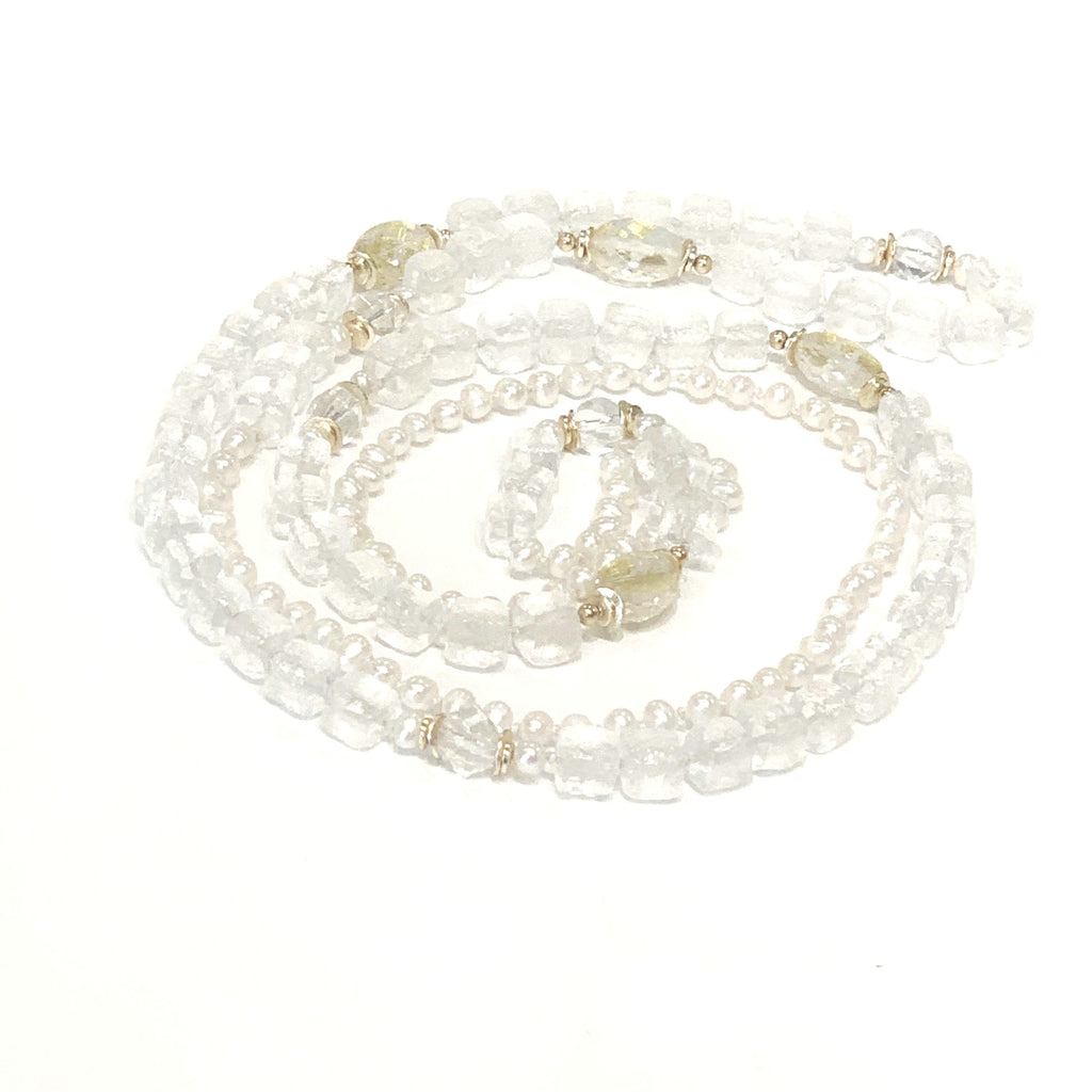 Fresh Water Pearls, Rock Crystal Quartz with 24k Gold Leaf knotted Necklace