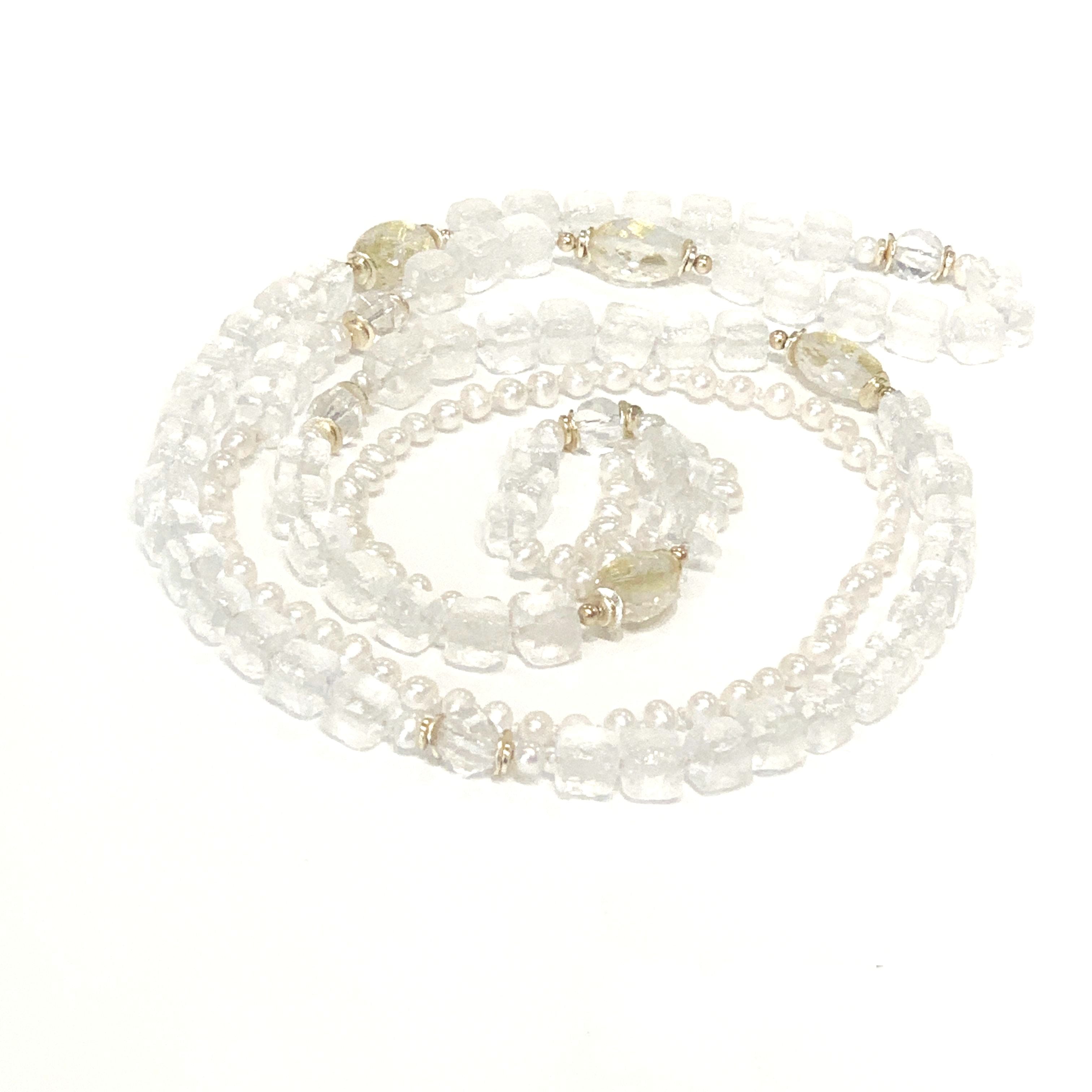 Fresh Water Pearls, Rock Crystal Quartz with 24k Gold Leaf knotted Necklace