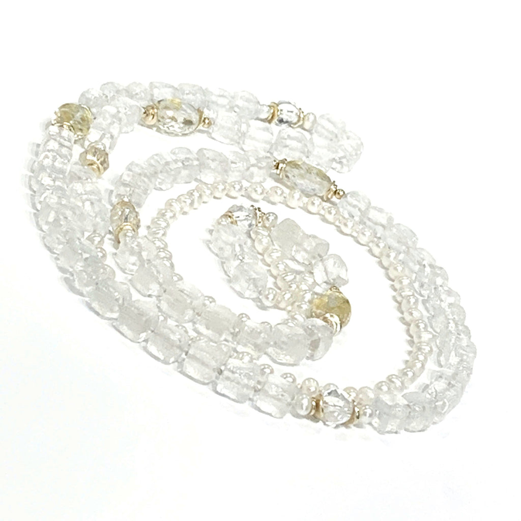 Fresh Water Pearls, Rock Crystal Quartz with 24k Gold Leaf knotted Necklace