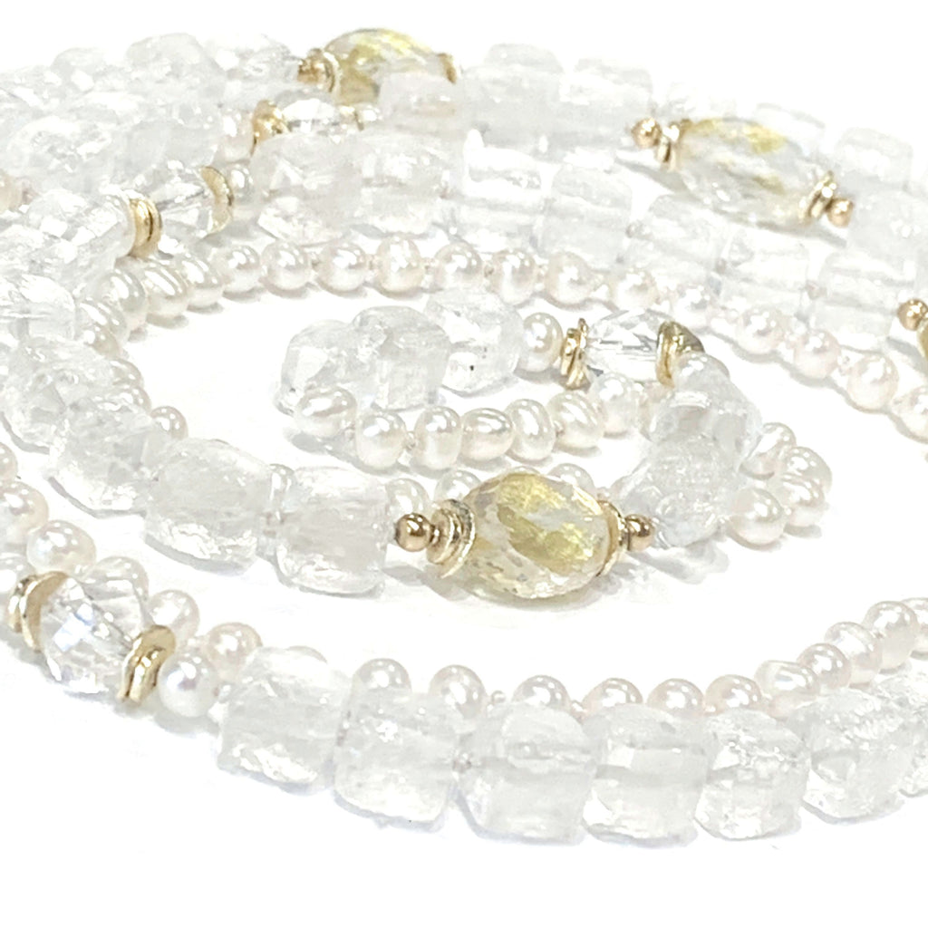 Fresh Water Pearls, Rock Crystal Quartz with 24k Gold Leaf knotted Necklace