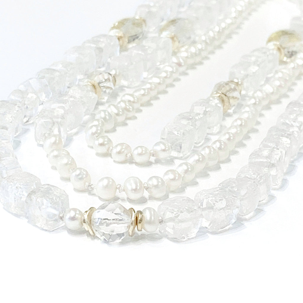 Fresh Water Pearls, Rock Crystal Quartz with 24k Gold Leaf knotted Necklace