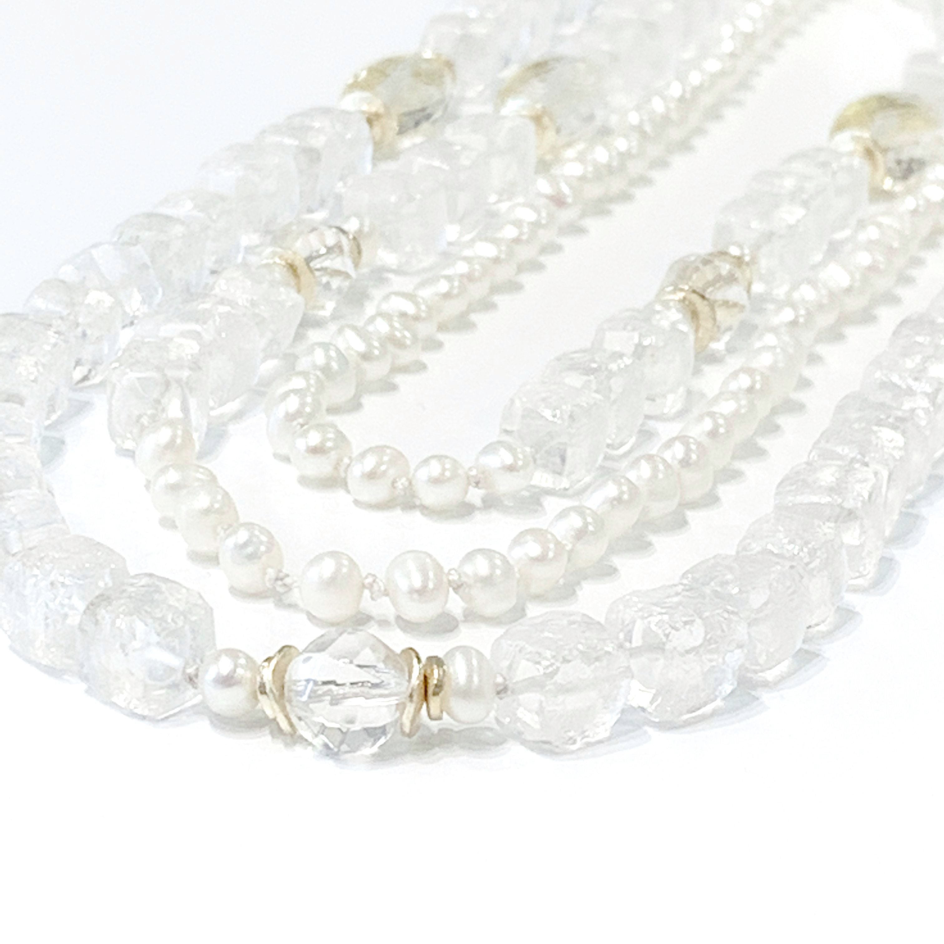 Fresh Water Pearls, Rock Crystal Quartz with 24k Gold Leaf knotted Necklace