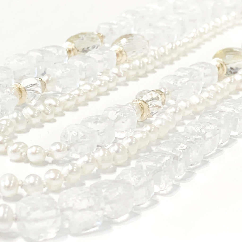 Fresh Water Pearls, Rock Crystal Quartz with 24k Gold Leaf knotted Necklace
