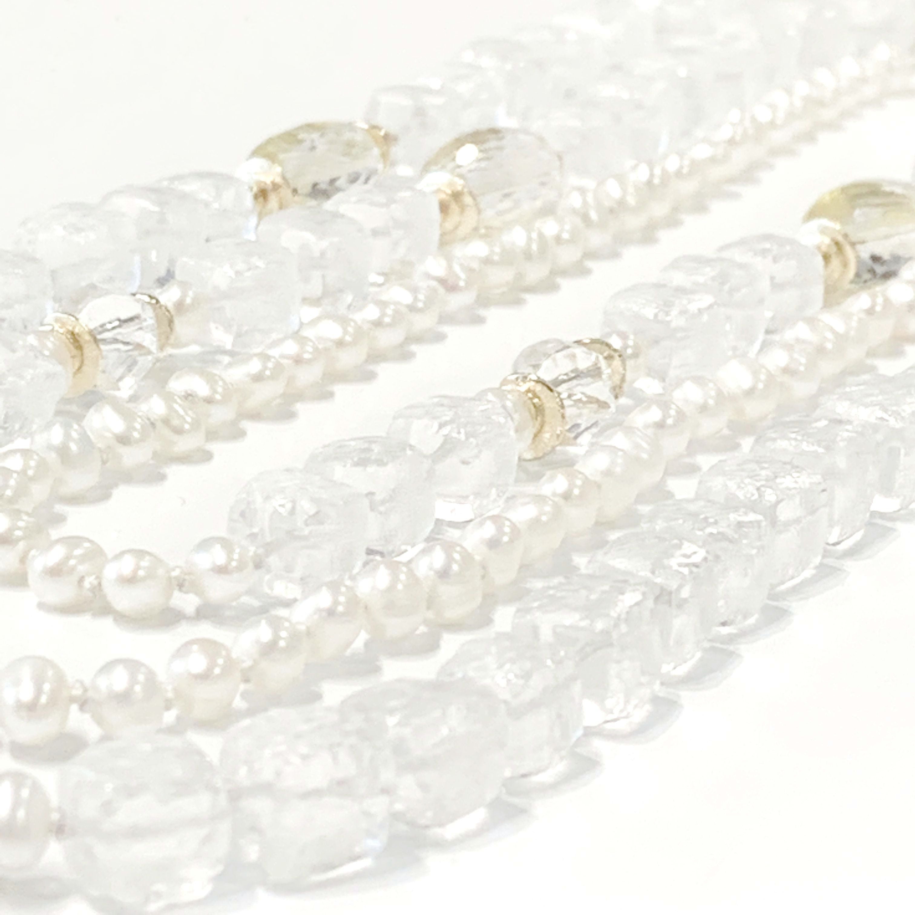 Fresh Water Pearls, Rock Crystal Quartz with 24k Gold Leaf knotted Necklace