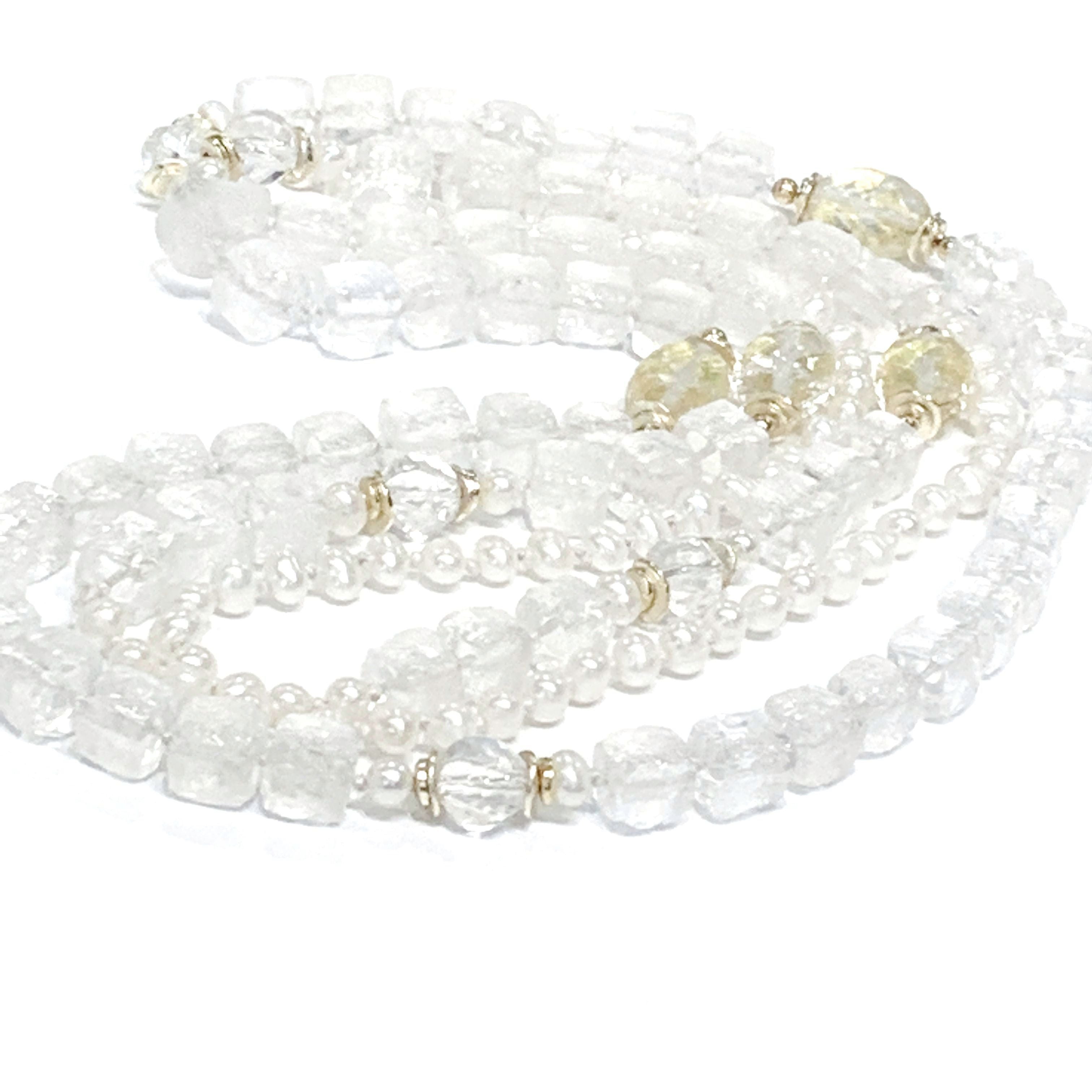 Fresh Water Pearls, Rock Crystal Quartz with 24k Gold Leaf knotted Necklace
