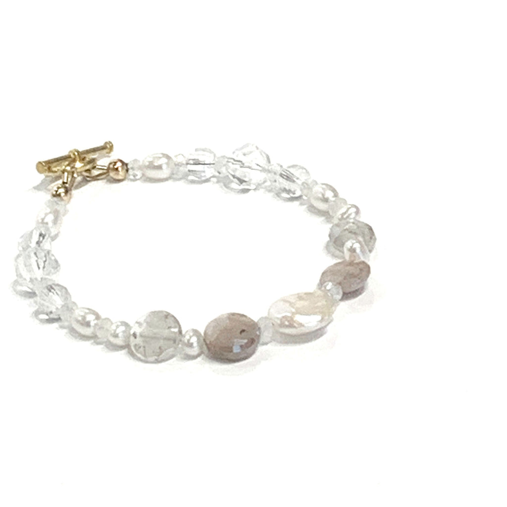 Chocolate Moonstone Bracelet: Rock Crystal Quartz & Pearl Gemstone Jewelry