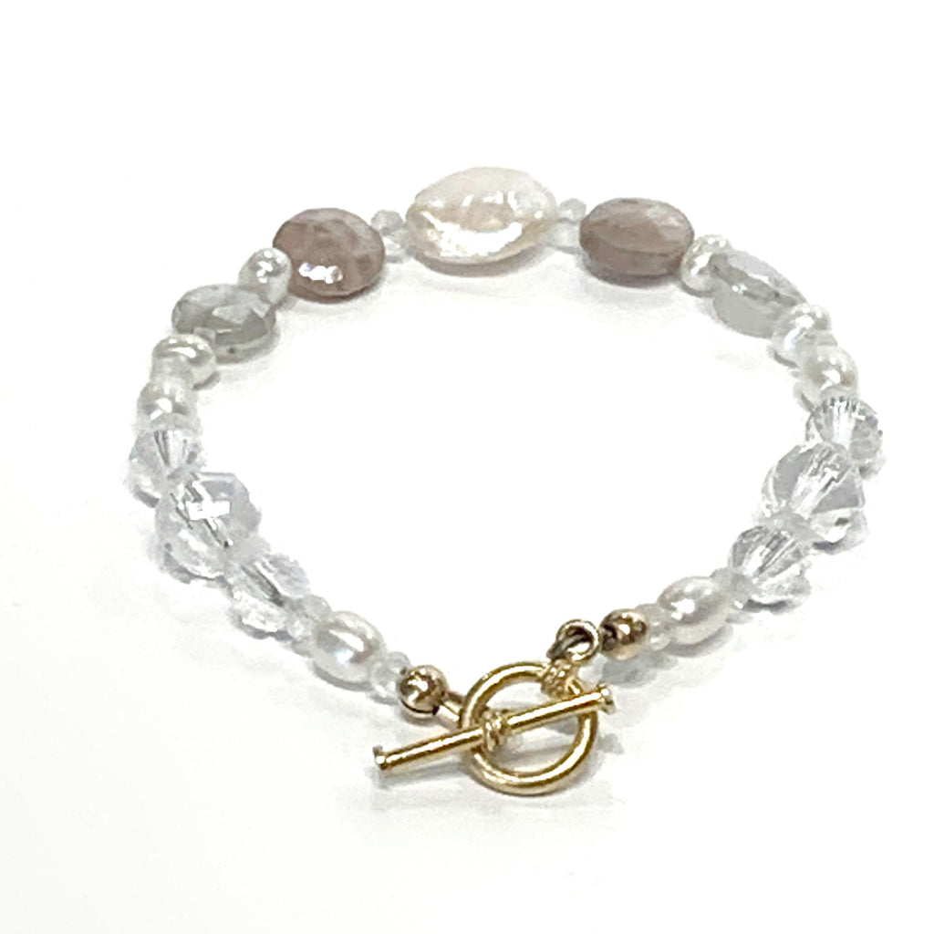 Chocolate Moonstone Bracelet: Rock Crystal Quartz & Pearl Gemstone Jewelry