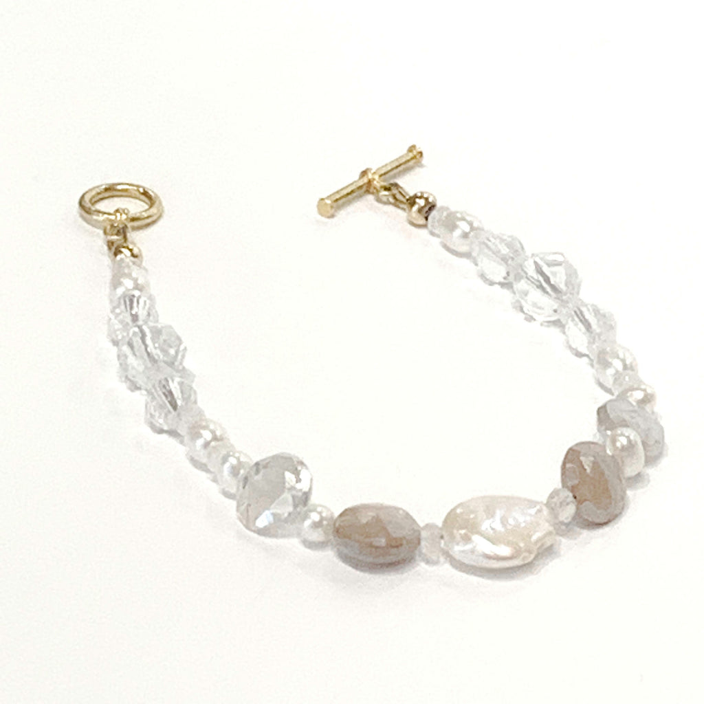 Chocolate Moonstone Bracelet: Rock Crystal Quartz & Pearl Gemstone Jewelry